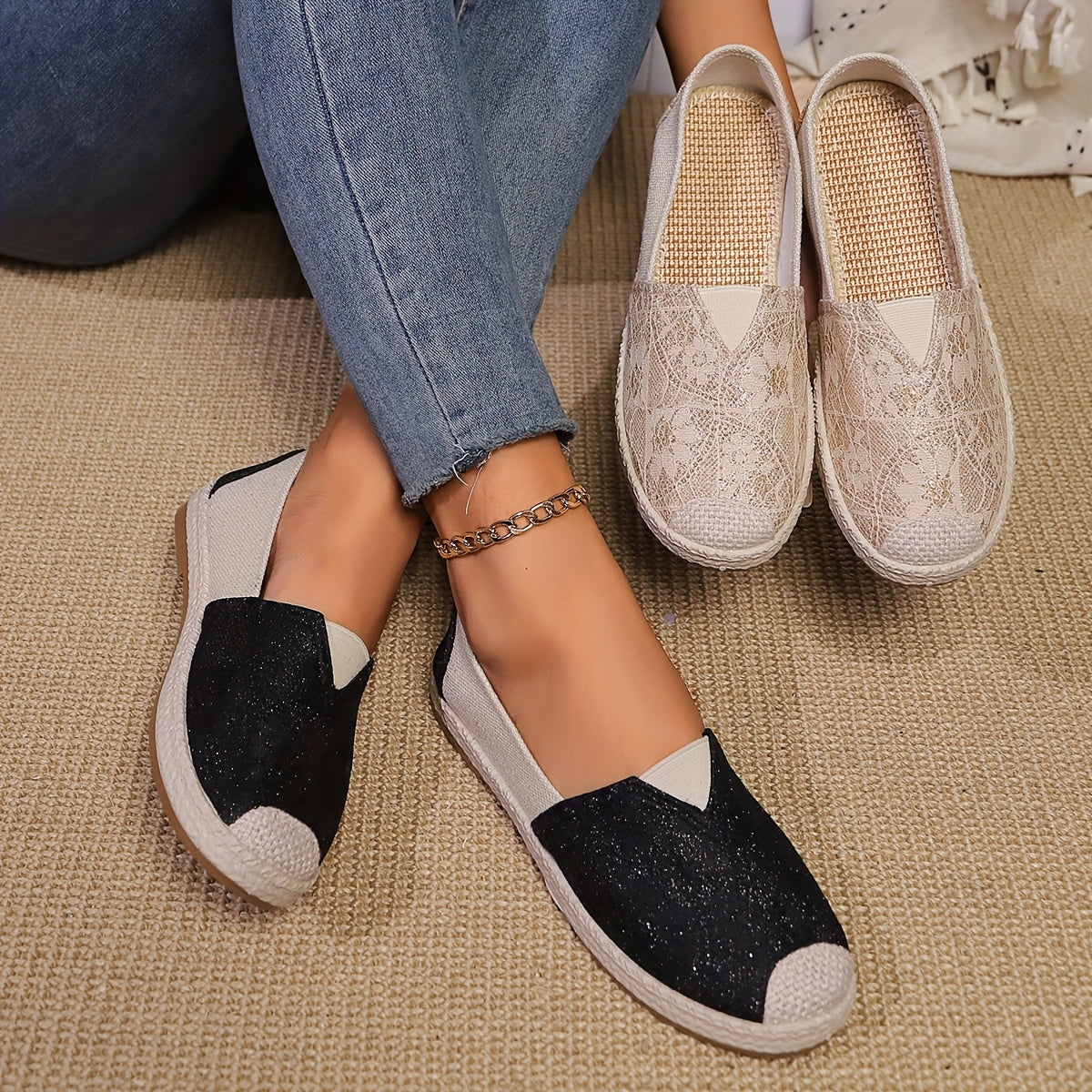 Women's Breathable Slip-On Loafers - Soft Sole Casual Walking Shoes, Lightweight & Comfortable, Beige Floral Pattern Fabric Upper, PU Cover Sole, Perfect for Casual Attire, Allseason Loafers | Slipon Comfort | Soft Sole Shoes