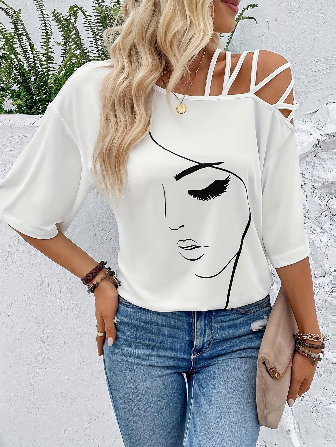 Women's Off-Shoulder Graphic Tee - Stretchy Polyester Blend, Short Sleeve, Cross-Strap Detail, Elegant Face Line Art Print, Casual Vacation Style, Machine Washable