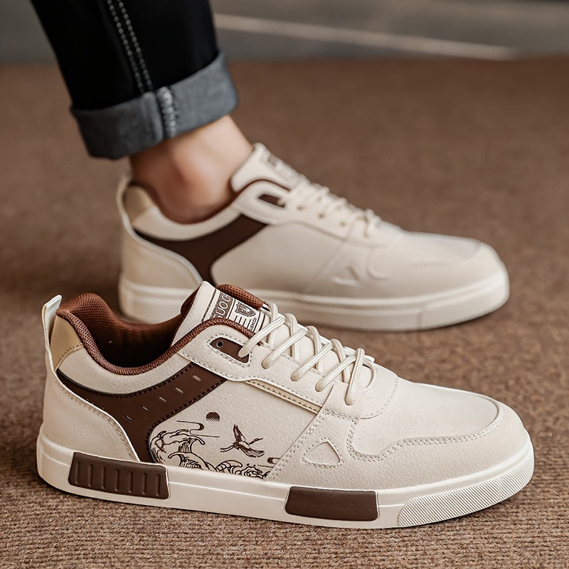 Men's Spring Collection Black and Beige Casual Sneakers - Anti-Slip, Odor-Resistant, Thick Rubber Sole for Height Boost, Lace-Up Sports Shoes with Fish Design