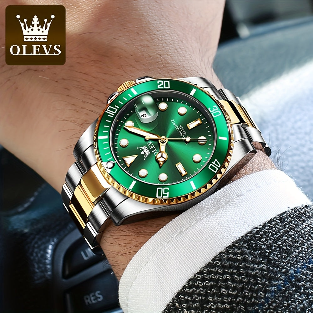 OLEVS Men'S Luxury Quartz Watch - Green Dial, Stainless Steel Band, Luminous Pointer Display, Quartz Movement, Electronic Drive, Zinc Alloy Case, Ideal for Business Casual Wea