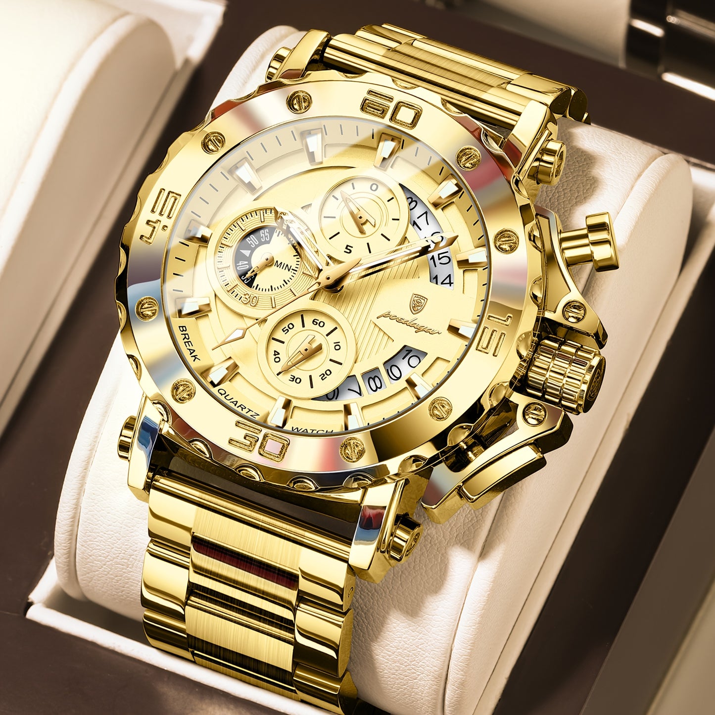POEDAGAR Men'S Luxury Stainless Steel Business Watch with Date Display, 3ATM Blue Dial, Rotating Bezel, Alloy Case, Quartz Movement - Elegant Formal Accessory, Formal Accessory|Luxurious Watch|Quartz Movement Watch