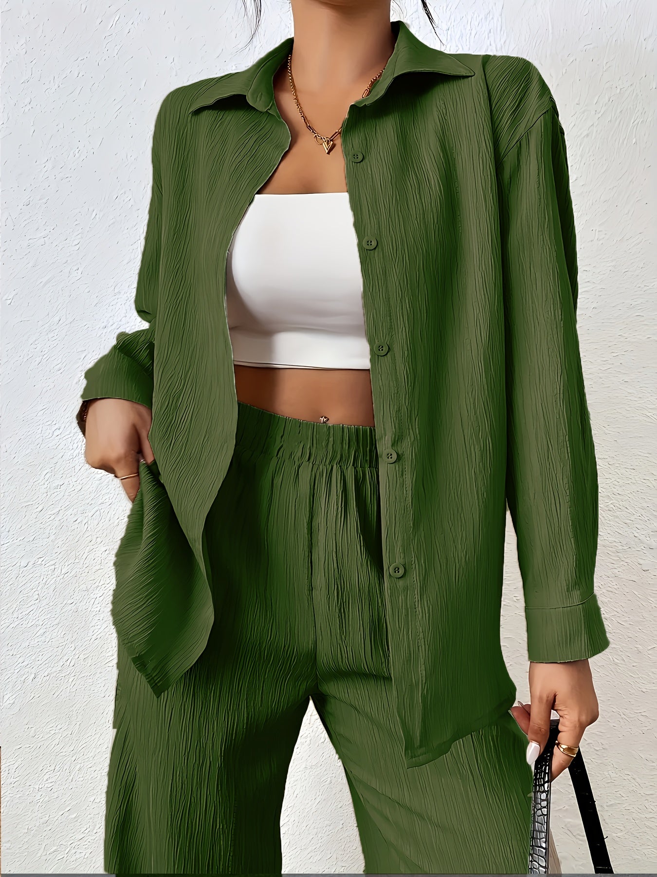Women'S Casual Solid Color Long Sleeve Shirt + Long Pants 2pcs Set for Spring And Autumn.