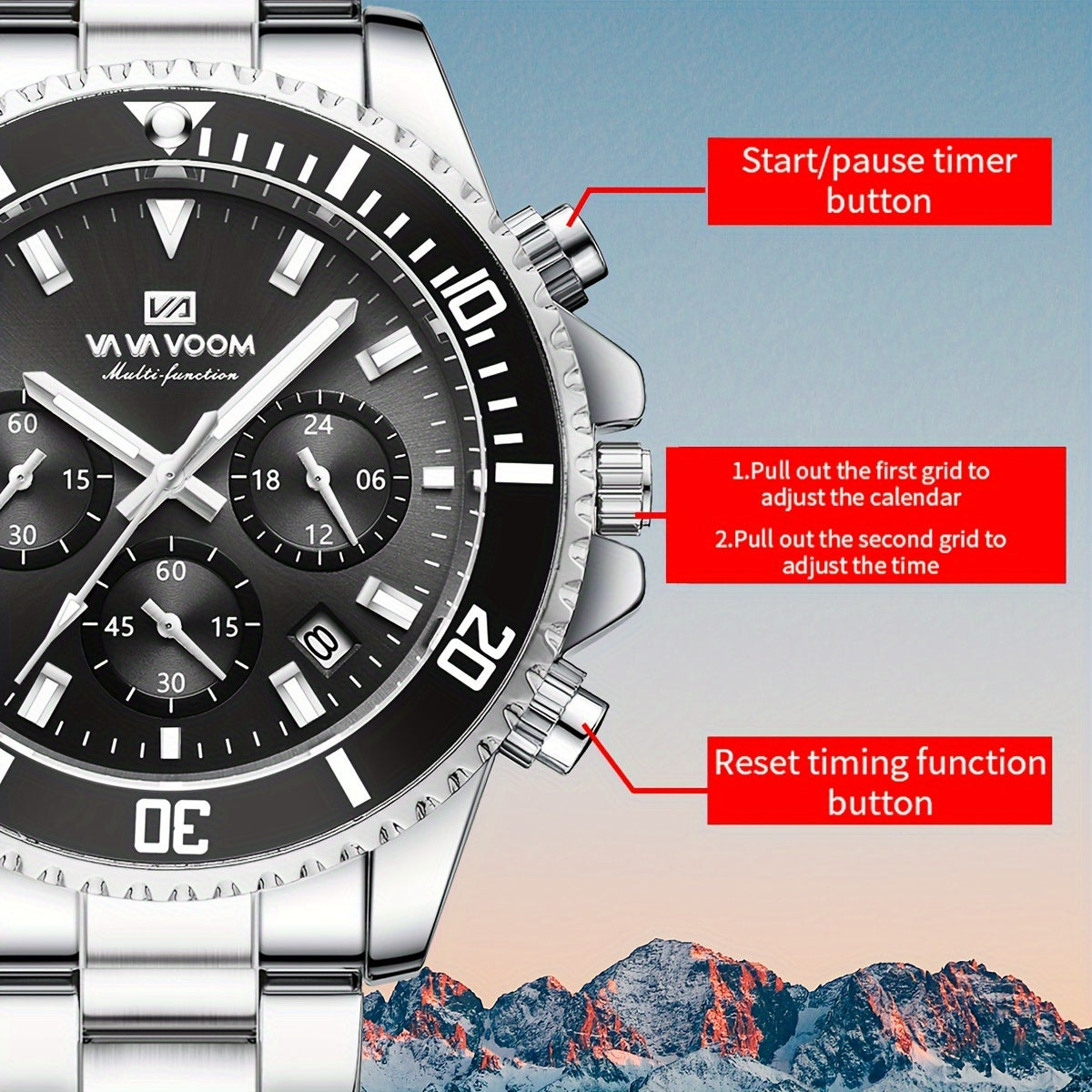VA VA VOOM Men's Sport Watch with 3D Large Dial, Stainless Steel Band, 24Hr Chronograph, Dual Time, Calendar, Stopwatch & High Quality - Quartz Movement for Gym, Outdoor, Business Casual - Ideal Gift, Outdoor Timing Tool, Sle