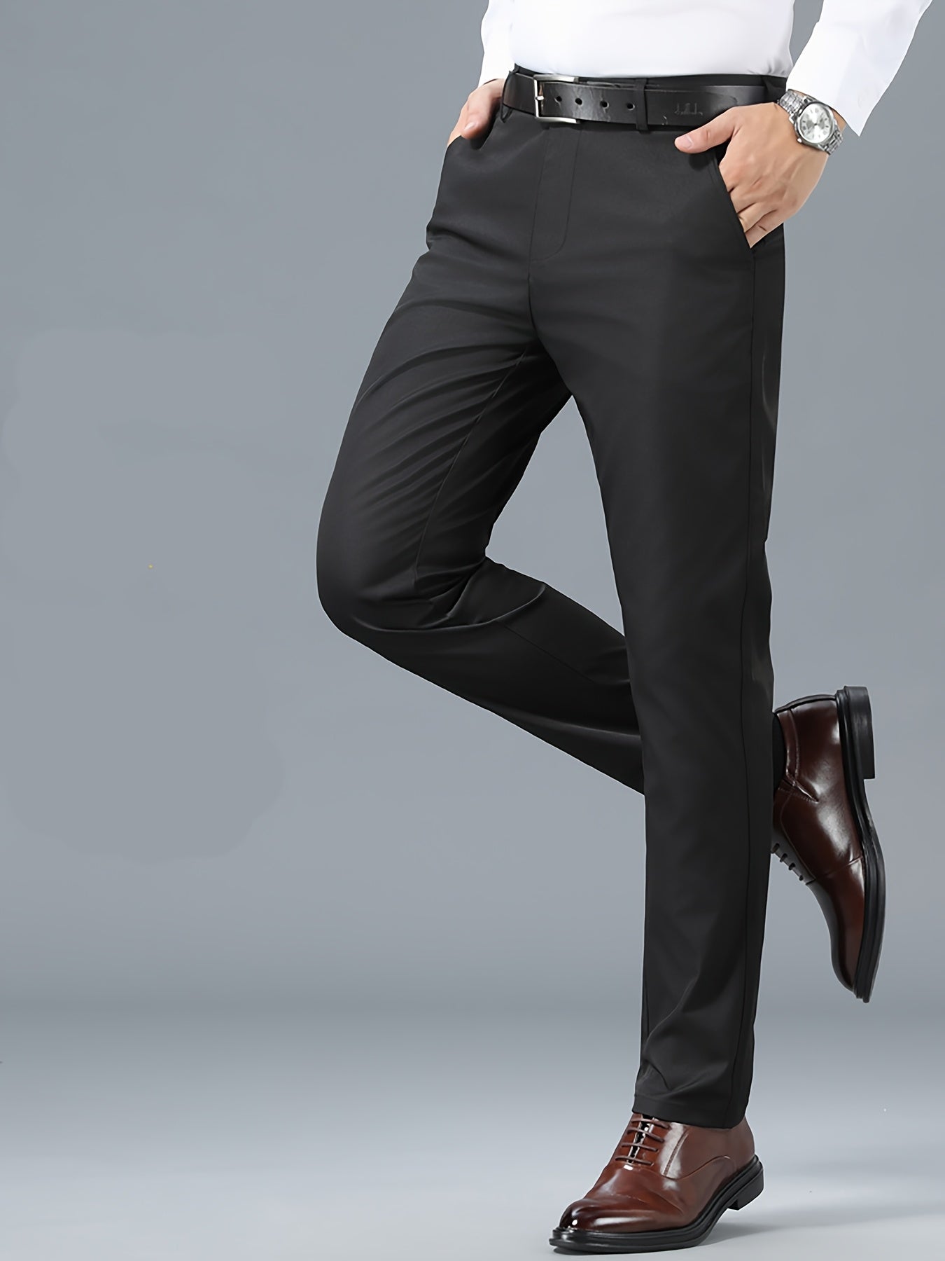 Men'S Classic Black Dress Pants - Stretchy Polyester, All-Season Comfort Fit, Regular Length, Solid Color, Allseason Pants | Stylish Dress Pants | Comfortable Fit Pants