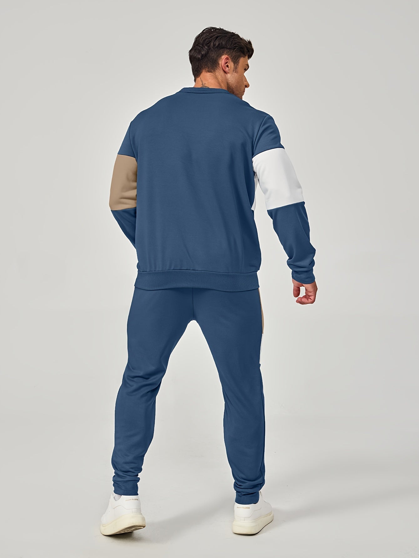 Men's Casual Crew Neck Sweatshirt & Joggers Set - Color Block, Polyester Blend, Machine Washable - Perfect for Spring/Fall, Leisure Style, Conventional Version, Spring/Autumn