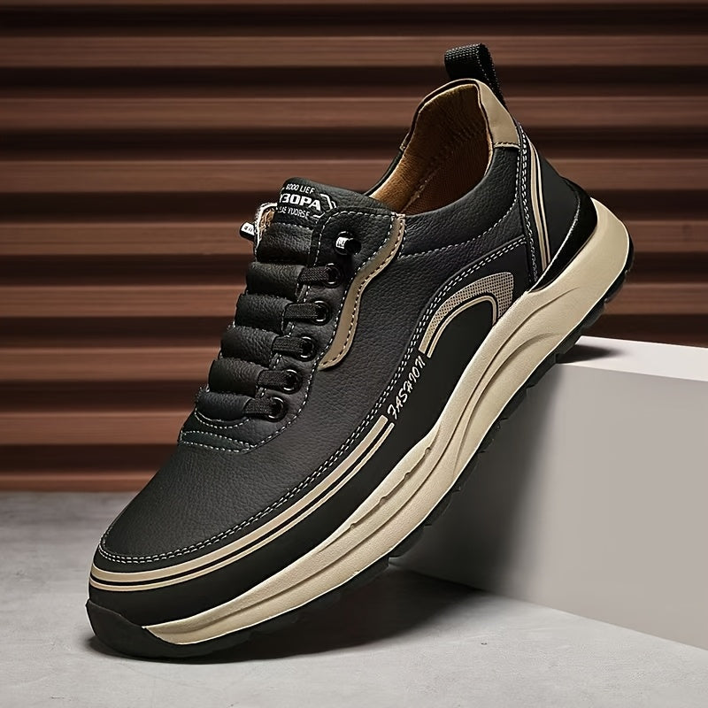 Men's Slip-On Sneakers - Lightweight, Cushioned, Thick Rubber Sole Casual Shoes in Black & Tan with Logo Details, Versatile for All Seasons, Outdoor, Running, and Training