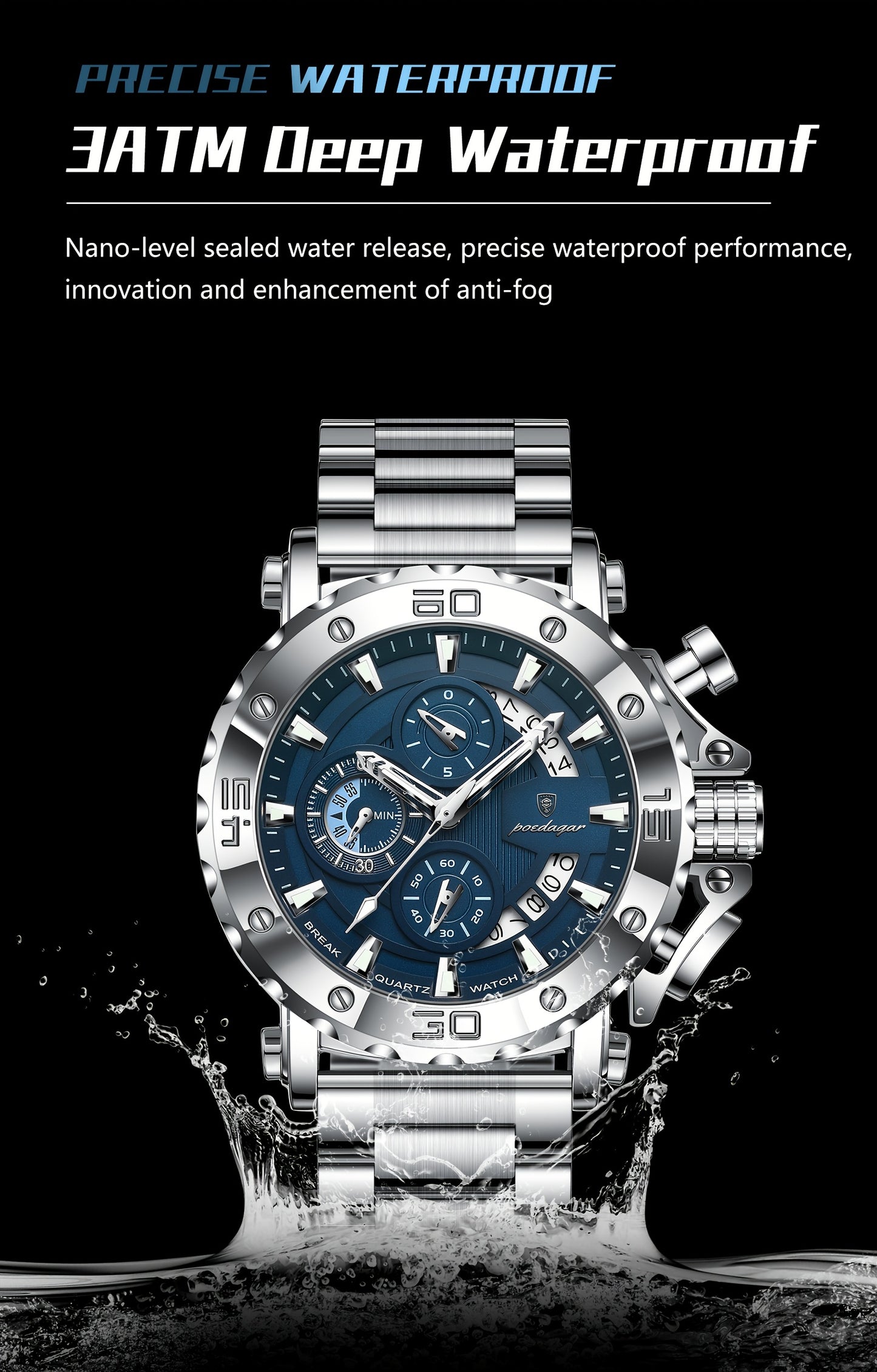 POEDAGAR Men'S Luxury Stainless Steel Business Watch with Date Display, 3ATM Blue Dial, Rotating Bezel, Alloy Case, Quartz Movement - Elegant Formal Accessory, Formal Accessory|Luxurious Watch|Quartz Movement Watch