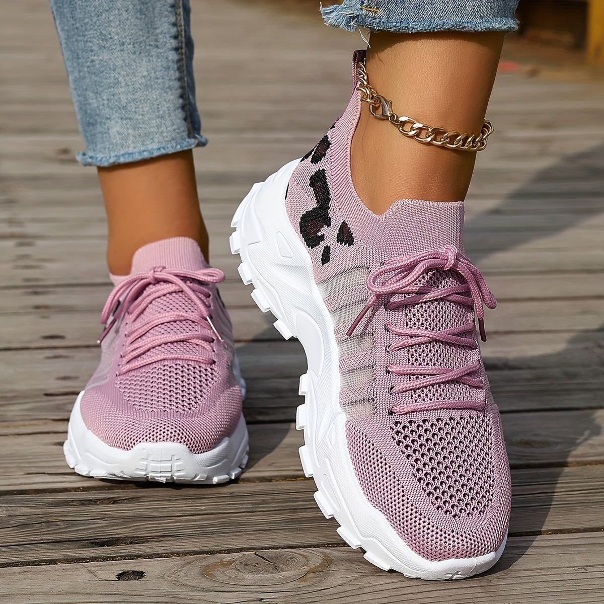 Women's Fashion Leopard Print Lace-Up Sneakers, Breathable Mesh Walking Shoes for Spring/Summer, Lightweight Comfortable Casual Sports Control Footwear with PVC Sole and Microfiber Insole