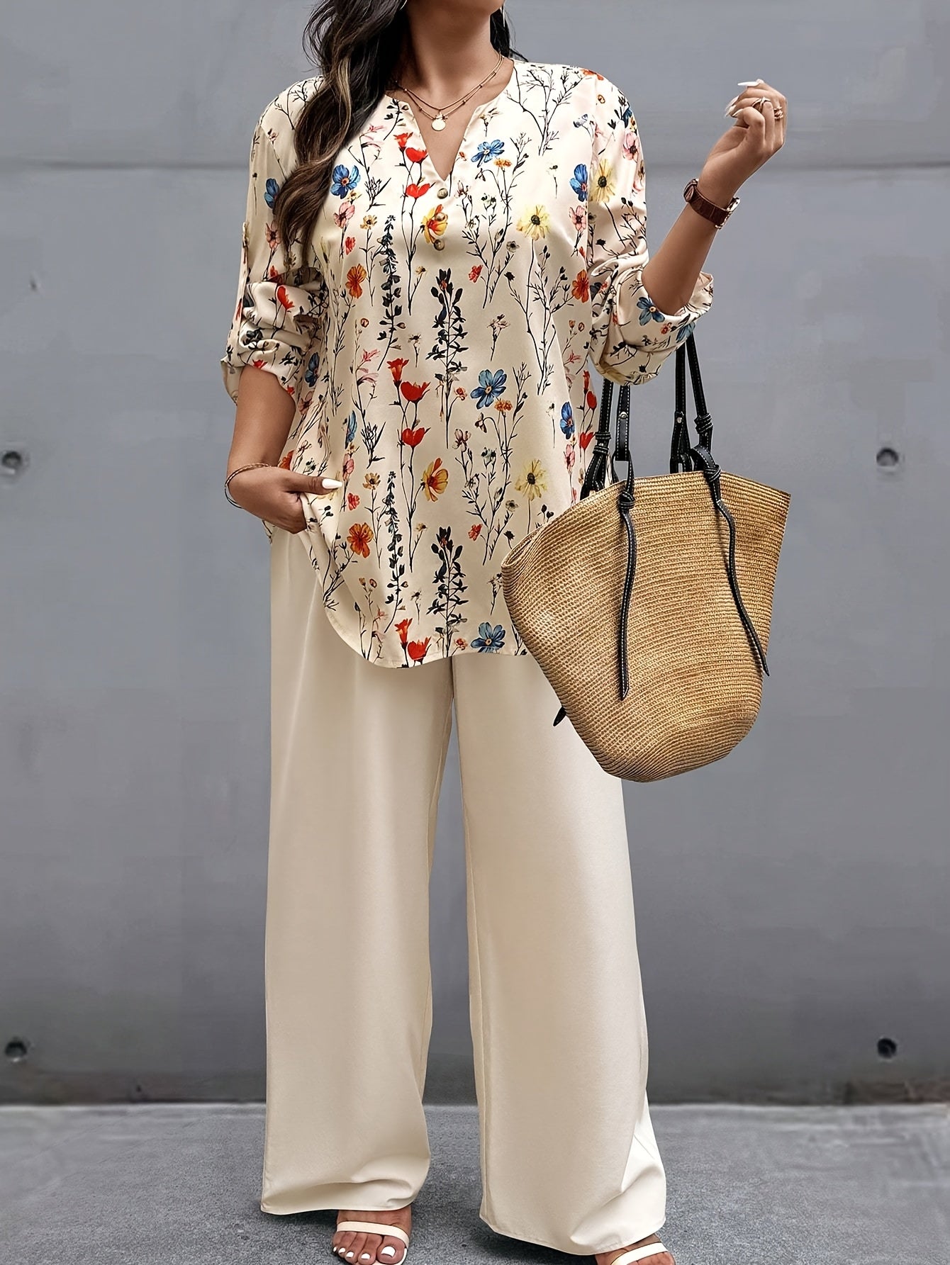 Plus Size, Oriented - Plus Size Women's Vacation Style Floral Shirt and Pants Set