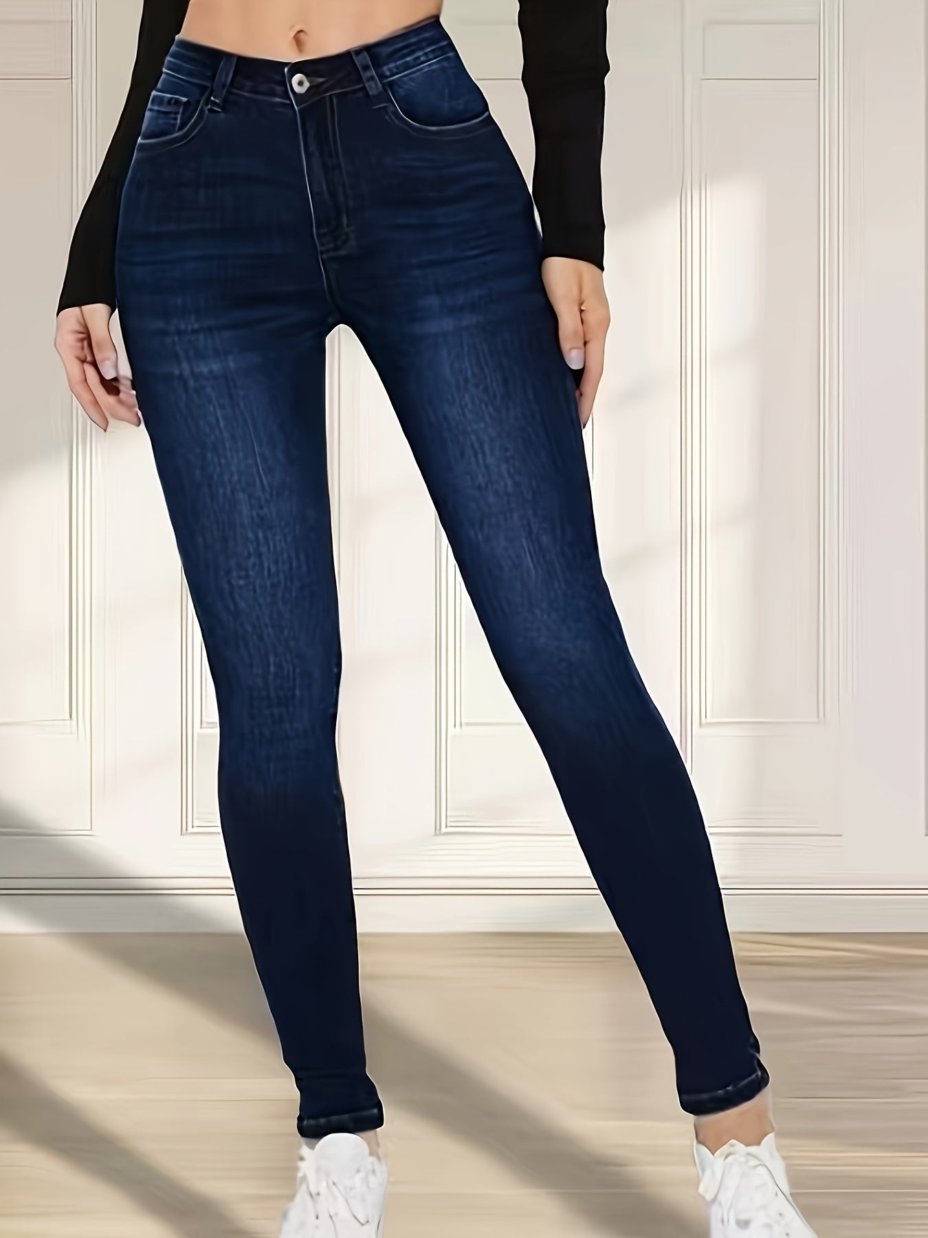 Women's High-Waisted Stretch Denim Jeans With Cotton, Polyester, Viscose, And Elastane, Four-Season Fit, Machine Washable