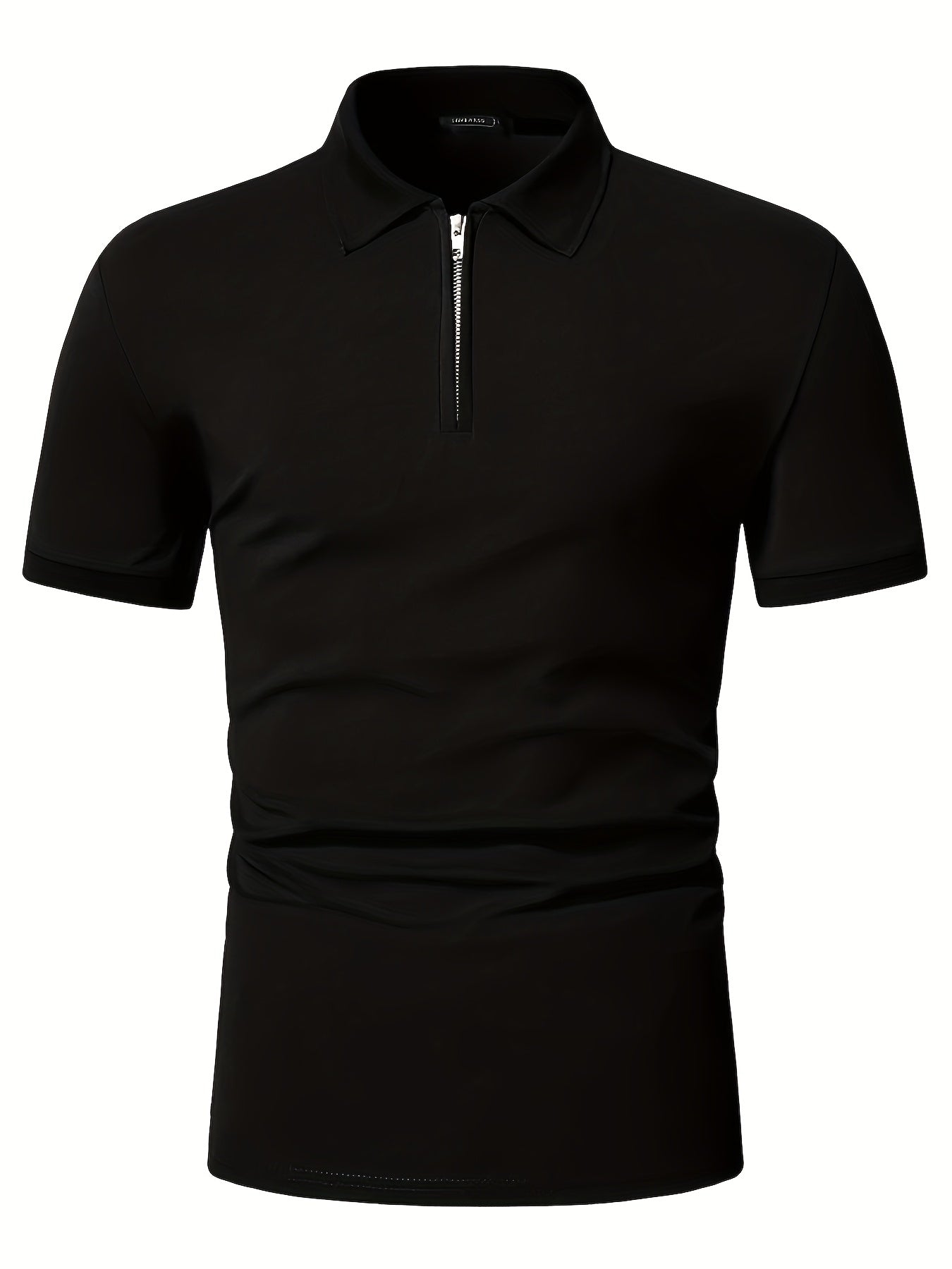 Casual Stretch Men's Solid Color Zipper Lapel Golf Shirt, Male Summer Streetwear