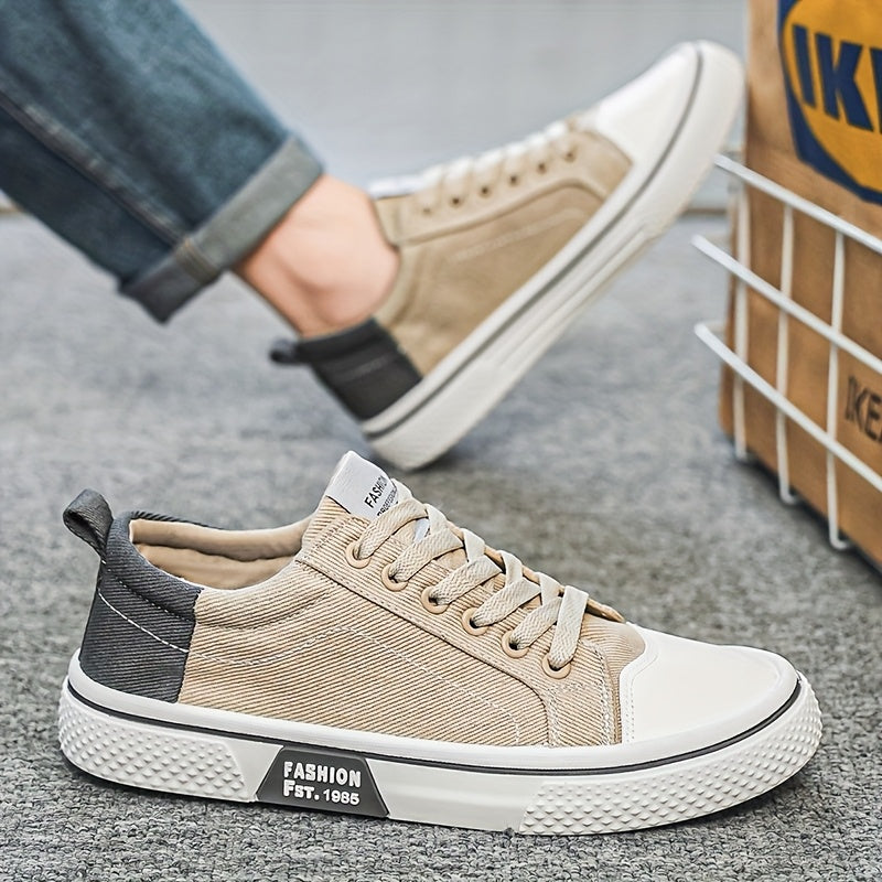 Men's Breathable Canvas Sneakers - Low-Top Lace-Up Skate Shoes, Fashionable Casual & Sporty Design with Green & Beige Color Block, Non-Slip PVC Sole for Casual Attire, Outdoor Sneakers | Laceup Closure | Stylish Lowtops