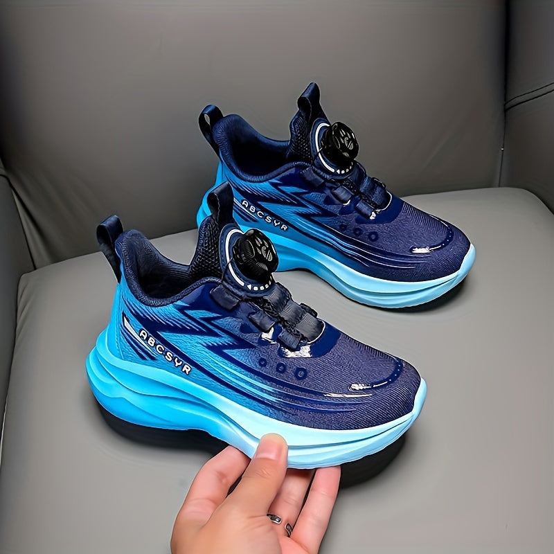 Youngsters' Rotating Buckle Sneakers - Breathable Mesh Sneakers for Boys and Girls, Navy Blue with Striped Design, Lightweight EVA Sole, Casual & Running Wear, Hand or Dry Clean Only