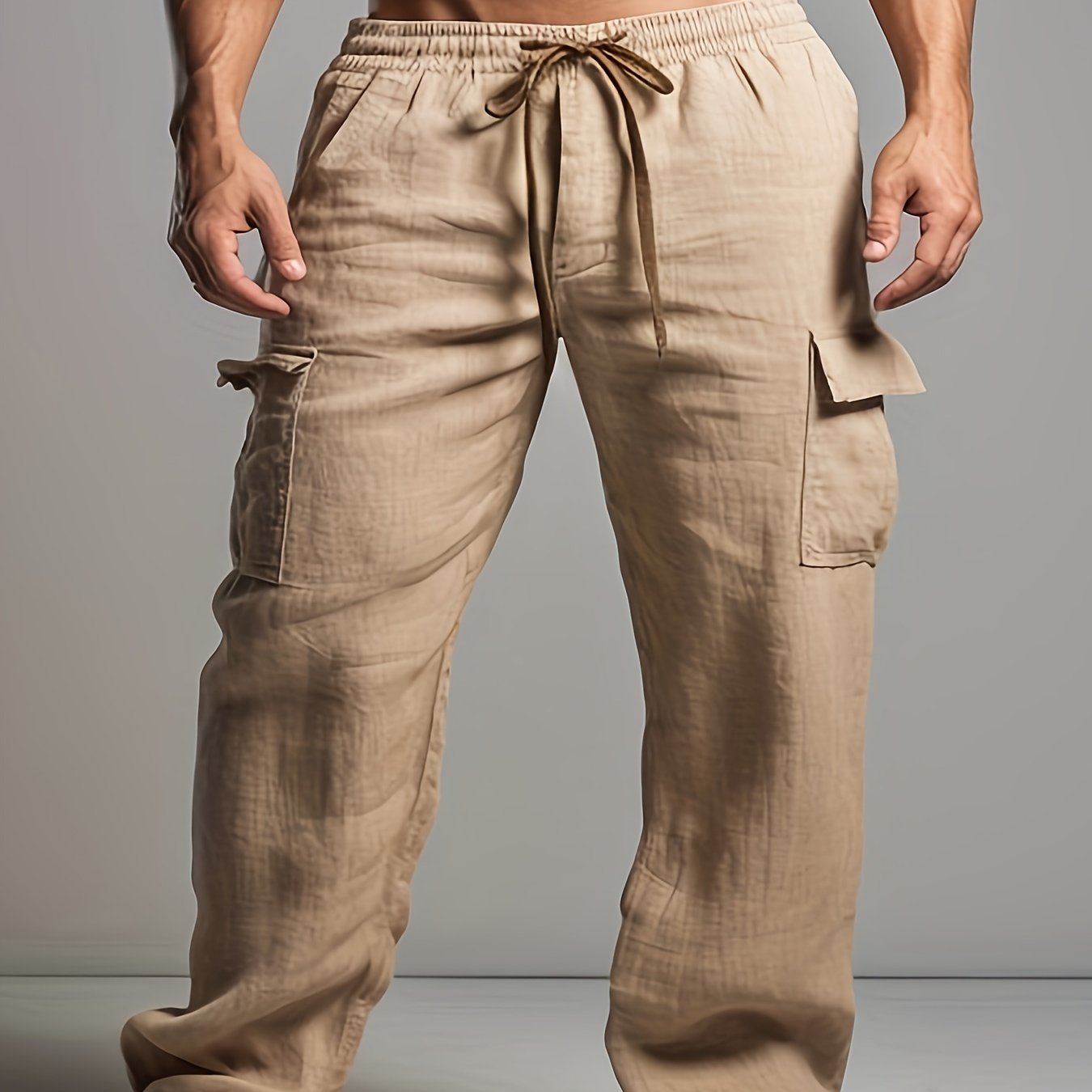 Solid Retro Men's Cotton And Linen Drawstring Long Trousers With Multiple Pockets, Outdoor Daily