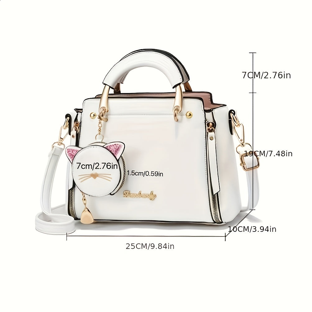 Women'S Fashion Cat Head Handbag, 2025 Trendy Shoulder Bag with Zipper Closure, Polyester Lined, Painted Edges, Versatile Solid Color - White, Red, Black, Pink, Khaki, Grey, Blue, Green, Purple, Light Blue