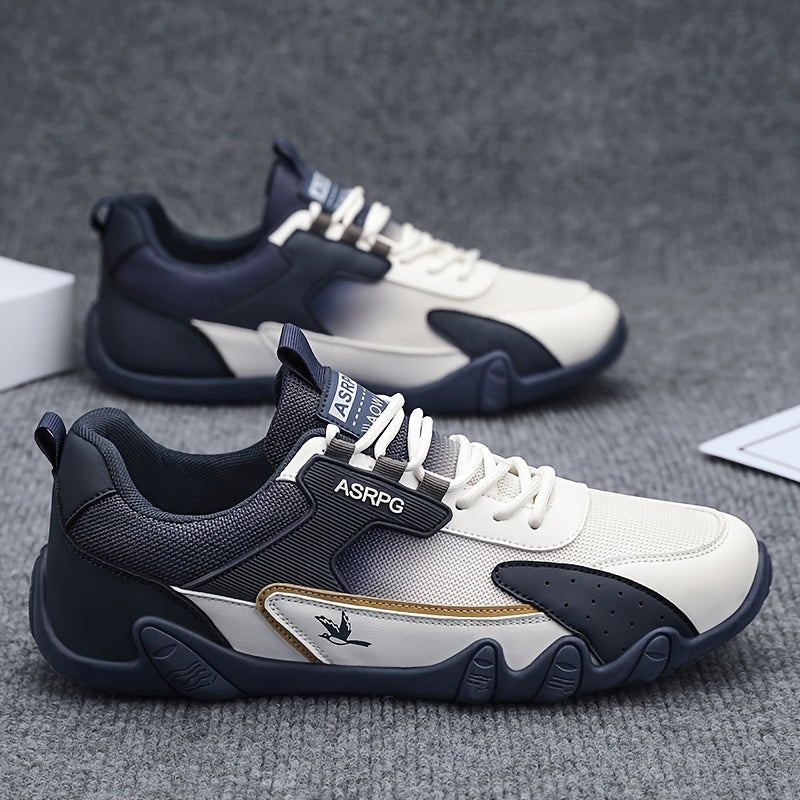 Men's Breathable Low-Top Casual Sneakers - Sporty Lace-Up Walking Shoes with Navy/White/Golden Accents, All-Season Outdoor & Everyday Comfort, Durable Fabric Upper & PVC Sole, Comfortable Footwear, Sleek Shoe Design, Lightwei
