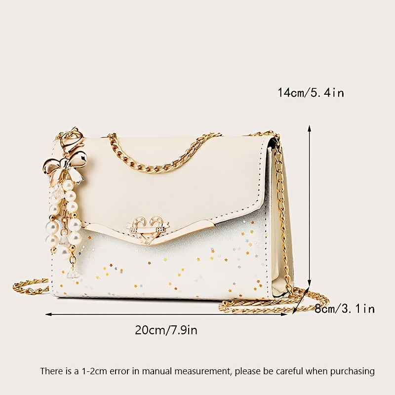 Fashionable Women'S Flip Clutch with Metal Chain and Tassel Pendant, Lightweight Shoulder Bag, Adjustable Strap, Urban Polka Dot Design, Polyester Lined, Buckle Closure - Ideal Gift for Family, Mother, Lover, Friends, Classma