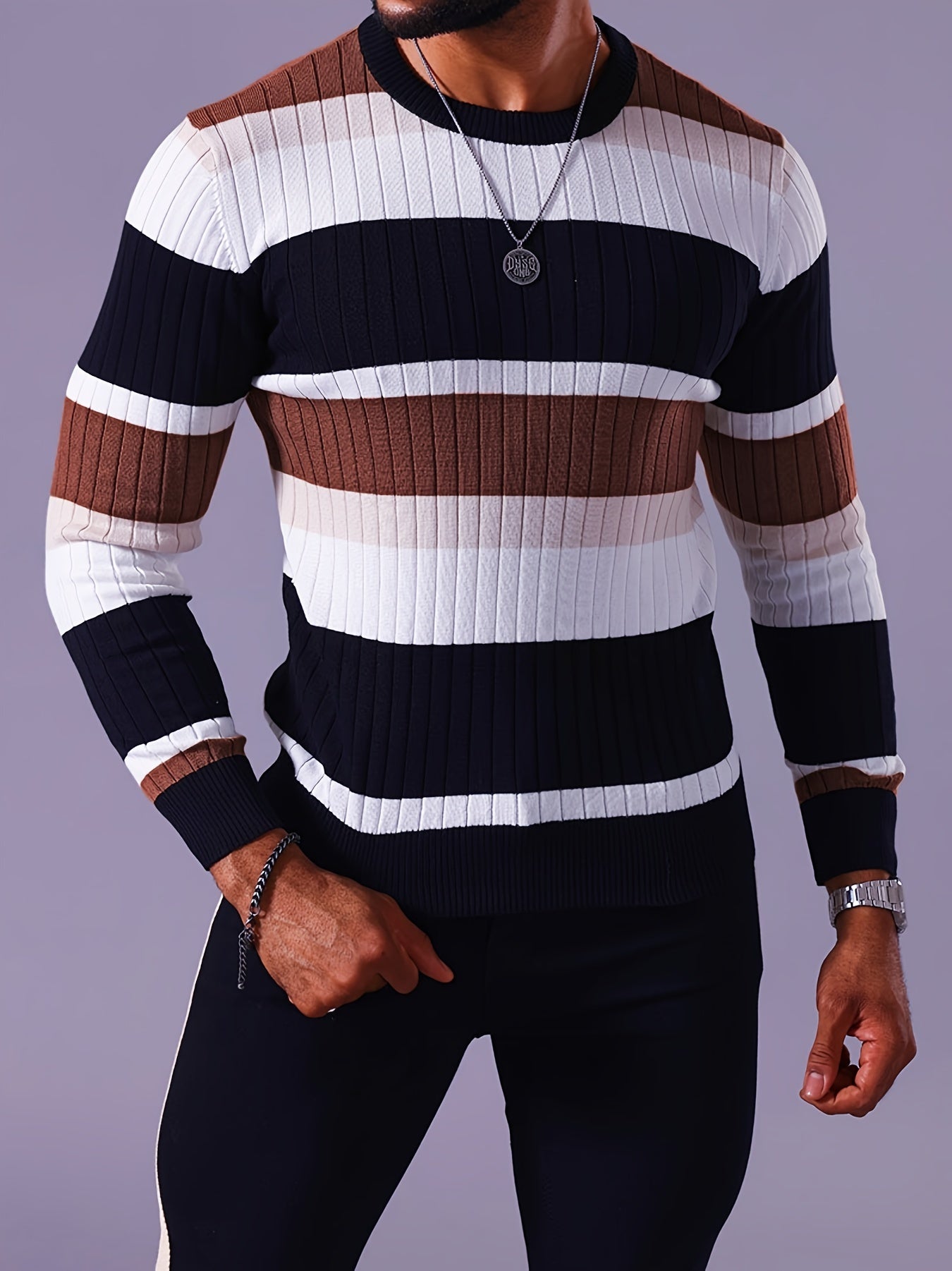 Men's Striped Color-Block Ribbed Knit Sweater - Long Sleeve Round Neck Pullover with Elastic Comfort Fit, Machine Washable Casual Fall Winter Top in Black/White/Green/Beige, Knit Sweater, Medium Elasticity