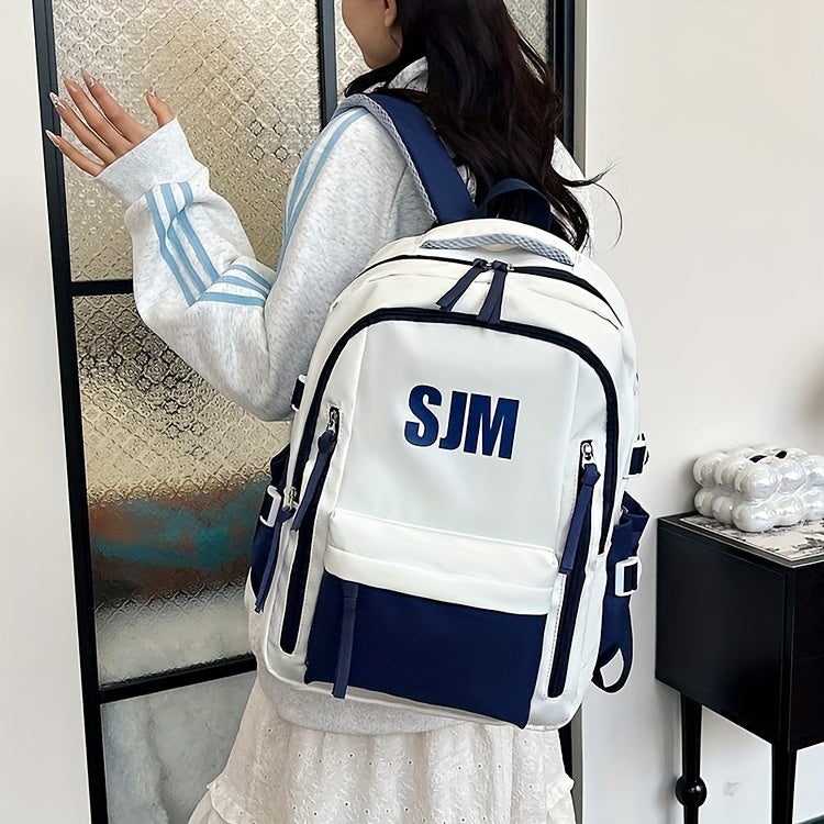 Stylish Unisex Nylon Backpack - Durable Casual Travel & School Bag with Adjustable Straps, White & Blue Design, Lightweight and Spacious for Everyday Use, School Backpack | Contrast Strap Design | Polyester Lined, Travel Back