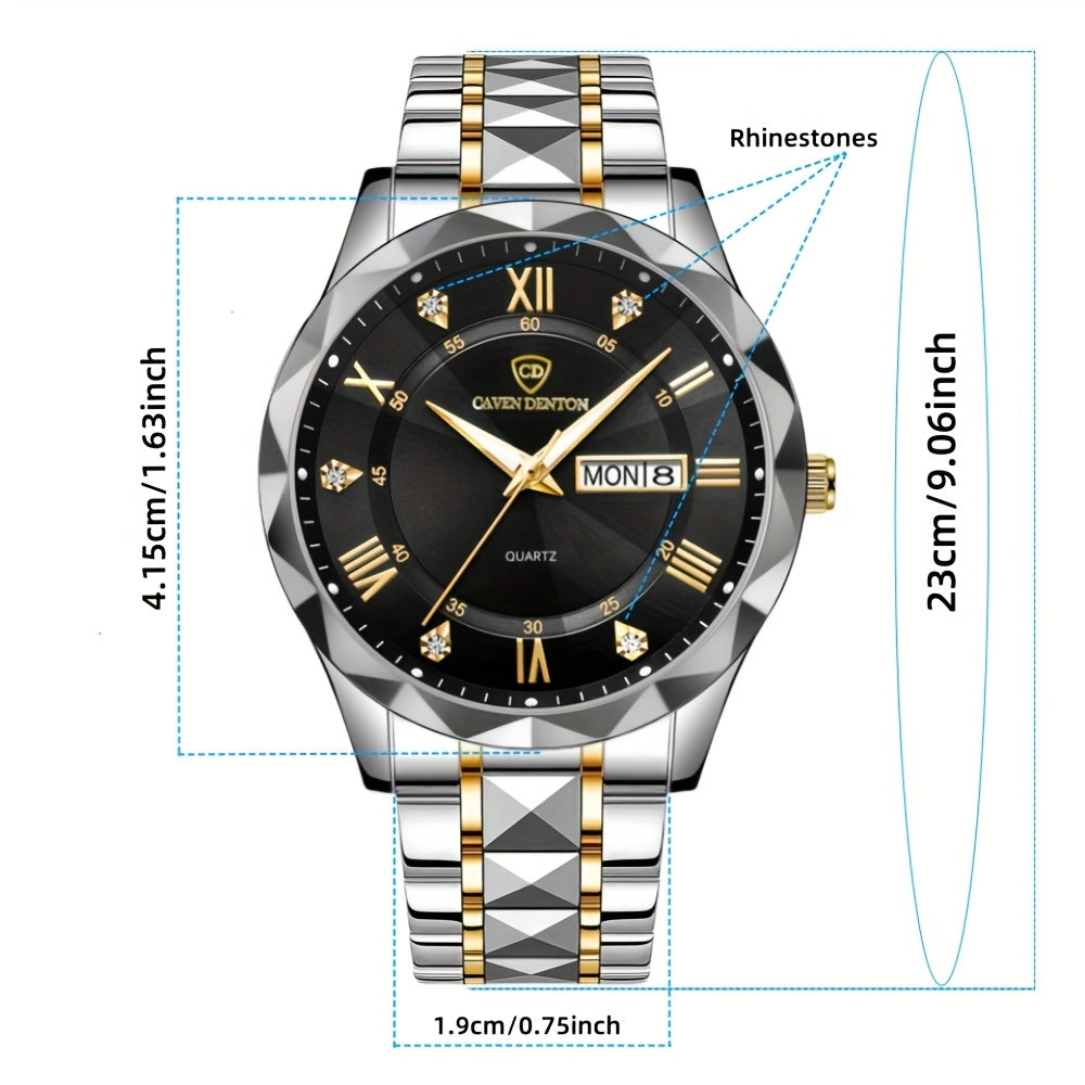 Men'S Quartz Business Watch with Rhinestone-Embellished Luminous Dial, Stainless Steel Strap & Case, Date & Day Display, IPX7 Water-Resistant - Ideal for Travel, Work, Outdoor - Perfect Gift for Birthdays, Holidays, Anniversa