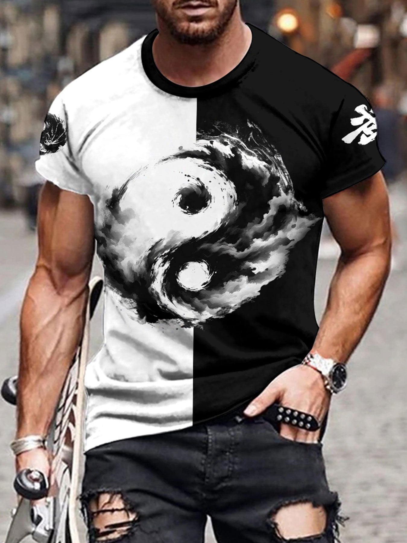 Men'S Yin Yang 3D Print T-Shirt - Casual Crew Neck Polyester Tee, Slight Stretch Knit Fabric, Regular Fit, 100% Polyester Fiber, 100g/m²