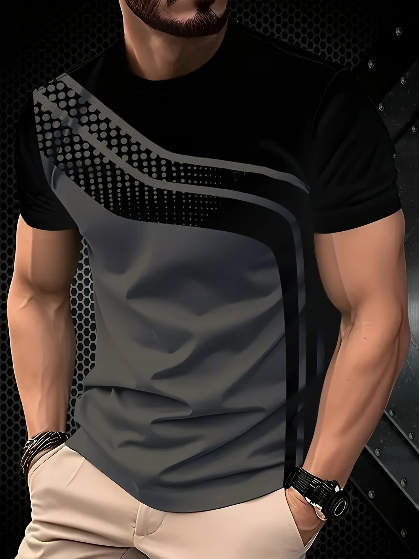 Men'S Stylish Black & Gray Striped T-Shirt - Soft Polyester Fabric, 3D Digital Print Design, Casual Crew Neck, Short Sleeve, Perfect for Summer, Everyday Comfort Tee | Modern Casualwear | Comfortable Fit