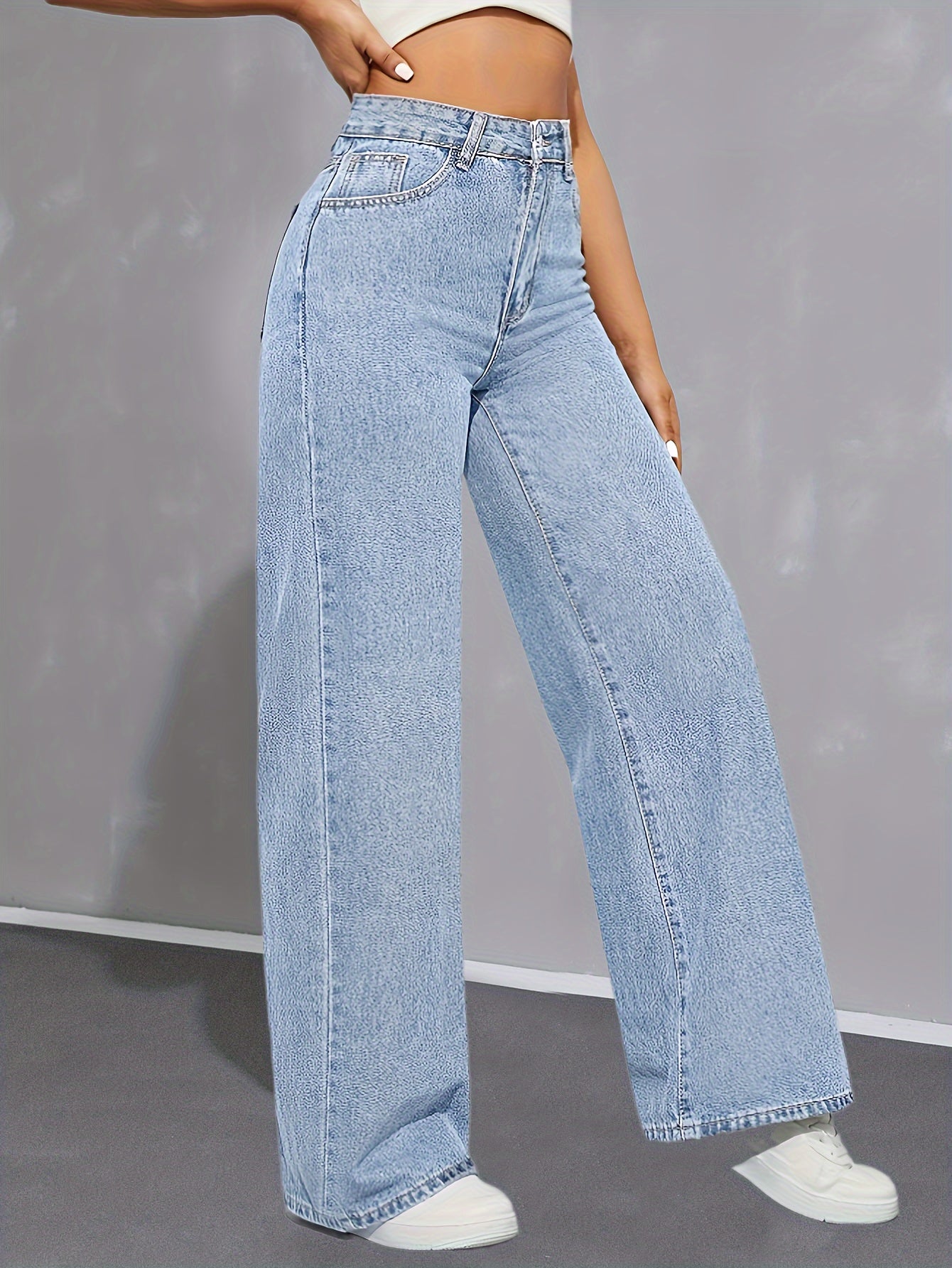 Women's High-Waist Light Blue Denim Wide-Leg Jeans with Elastic Waistband - Casual, Non-Stretch, Button Closure, Perfect for All Seasons