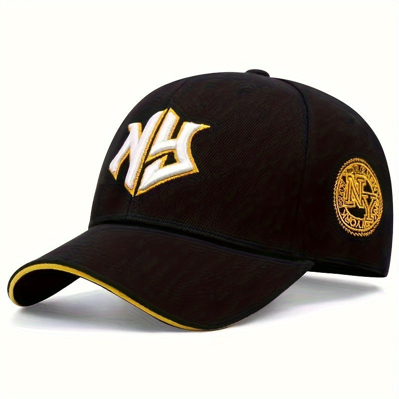NY Embroidered Baseball Cap - Stylish Black Polyester Hat with Golden "NY" Design, Perfect for Spring & Fall Sports and Casual Wear, Casual Headwear | Embroidered Cap | Polyester Cap