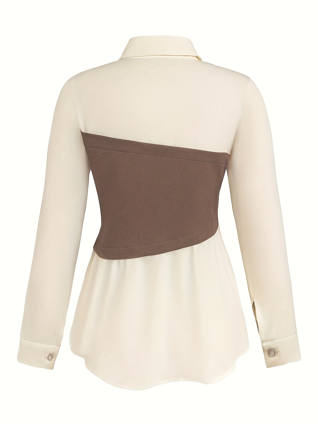 Elegant daily commuting two-piece set for ladies, featuring a color-blocked and pieced-together shirt and wide-leg trousers, suitable for all four seasons and machine washable.