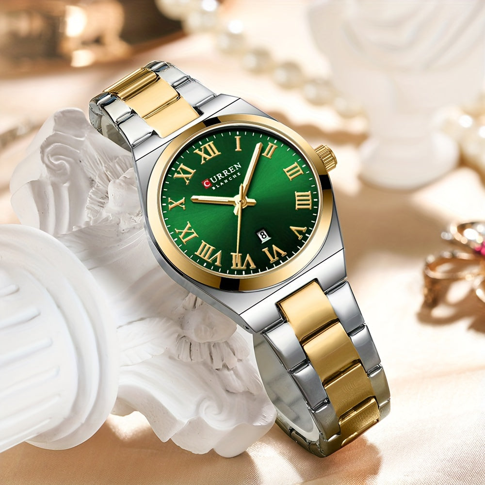 Fashionable Brand Of CURREN Ladies' Watches With A Casual And Simple Stainless Steel Strap, Featuring A Calendar And Quartz Movement.