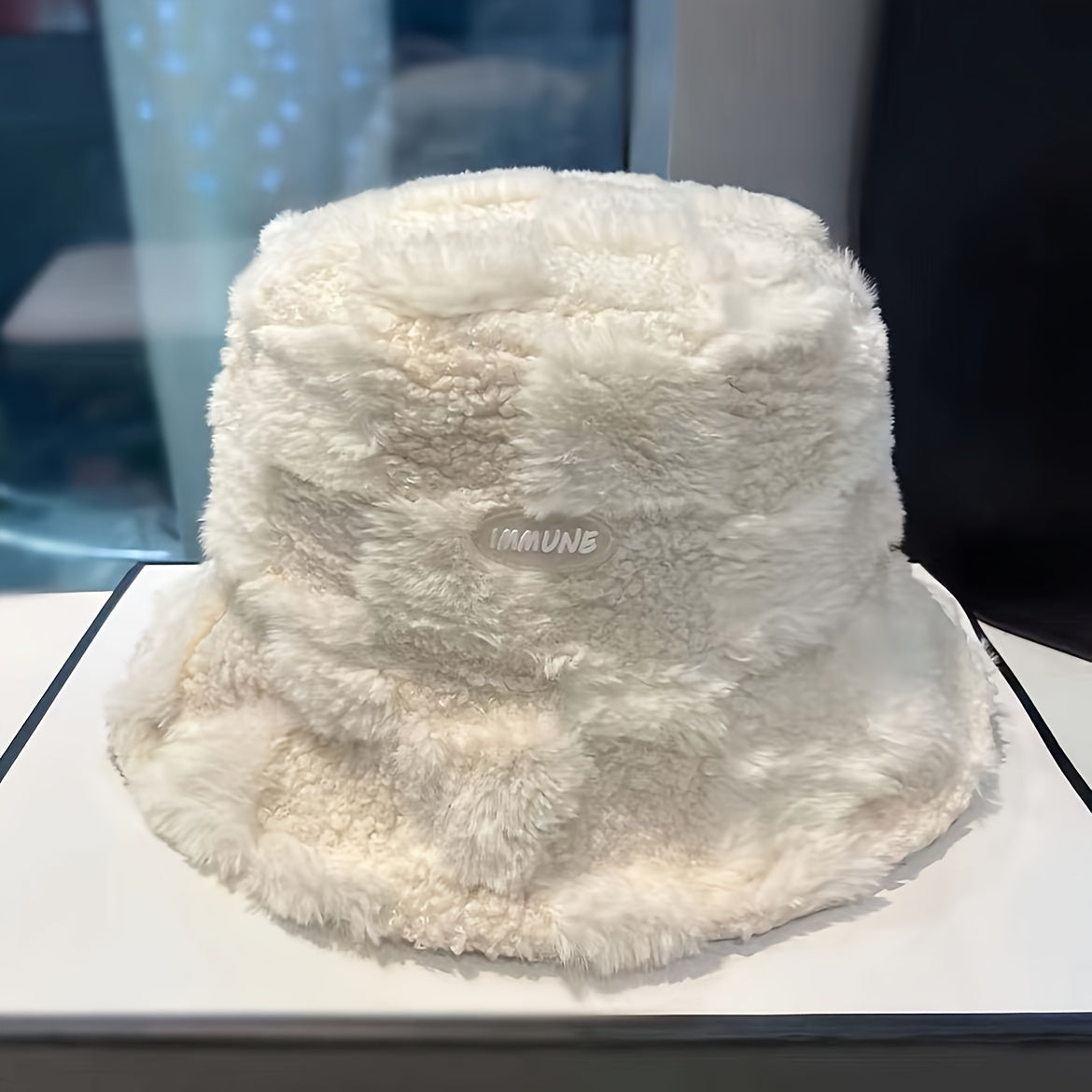 1pc Fashionable Unisex Winter Warmth Bucket Hat, Thickened Plush Polyester Fiber, Knitted Elastic Fabric, Cozy Plaid Fisherman Cap with Lettering