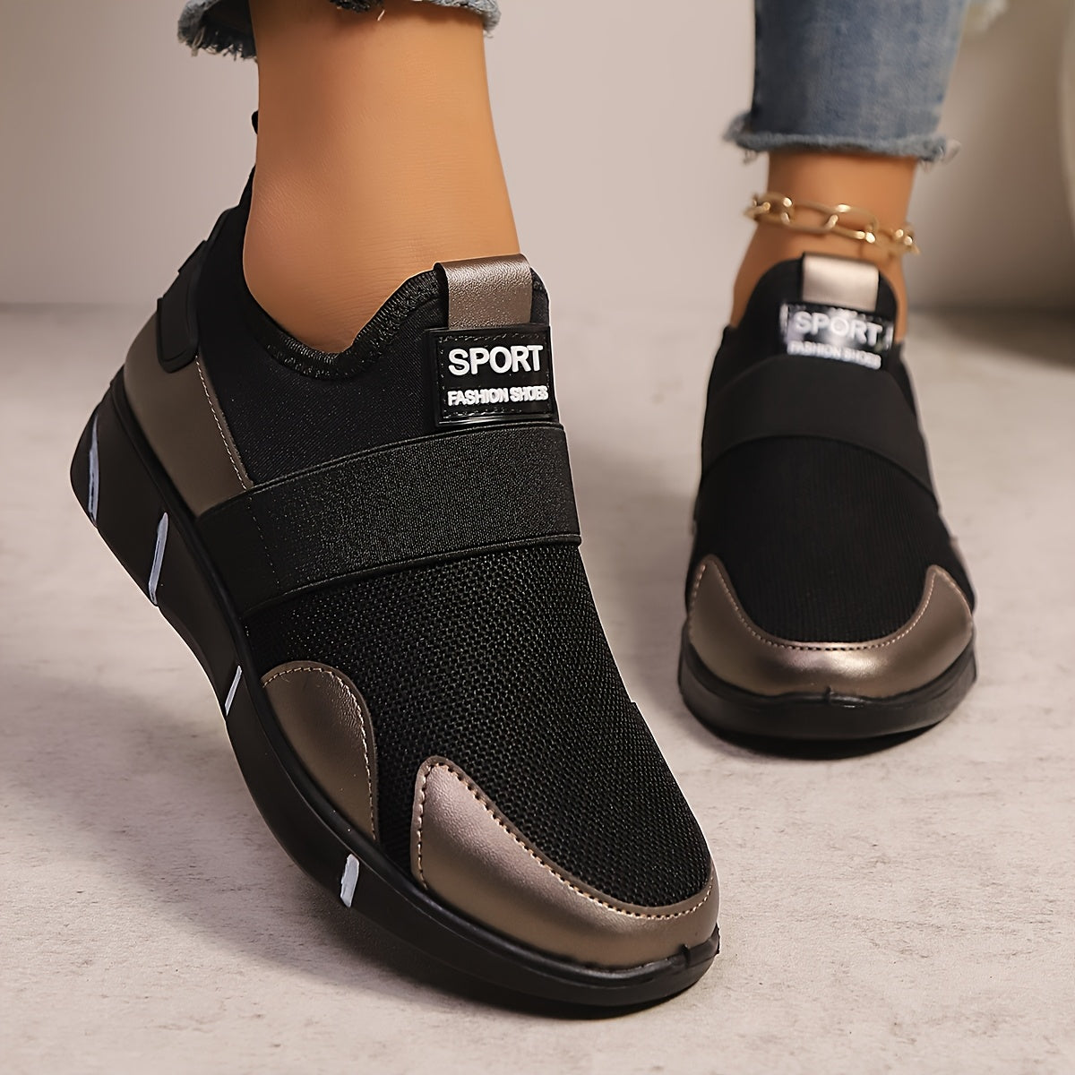 Women's Slip-On Sneakers - Lightweight Knit Upper, Breathable Design, Comfortable Casual Shoes with Strap, Black & Golden Accents, Round Toe for All-Day Wear, Sporty Sneakers | Round Toe Shoes | Flexible Sole, Ladies Sneakers