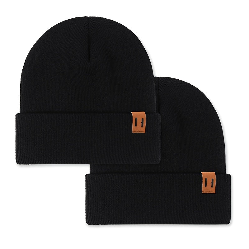 2pcs Fashion Faux Leather Label Knit Hat Set for Autumn and Winter, Outdoor Warm Ear Protection Knitted Cap Wholesale Lightweight Beanie