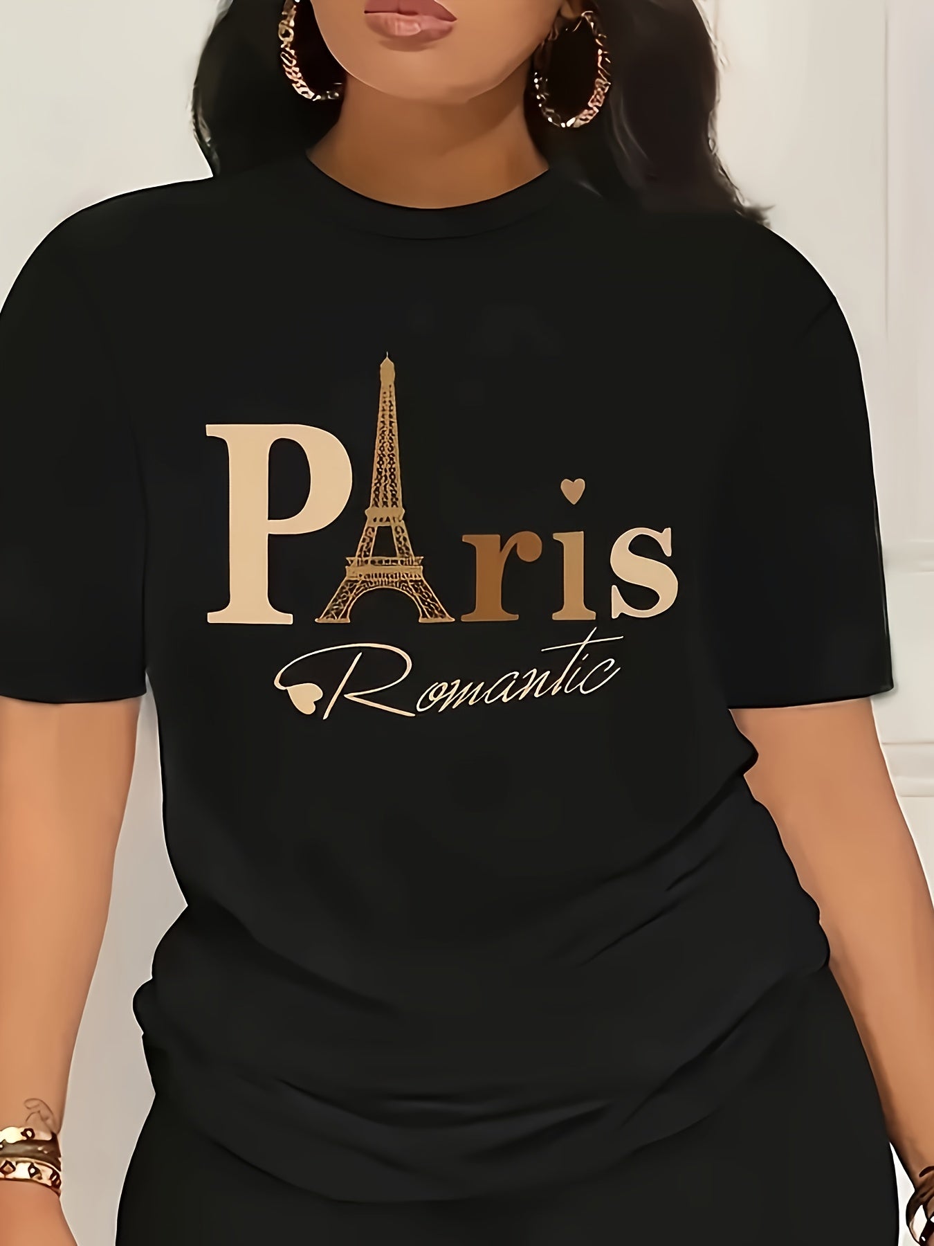 Women's Paris Romantic Graphic Print T-Shirt - Black & Golden Eiffel Tower Design, Short Sleeve Crew Neck Casual Top, Breathable Summer & Spring Tee, Machine Washable, Everyday Fashion, Fashionable Casualwear, Relaxed Fit Shi