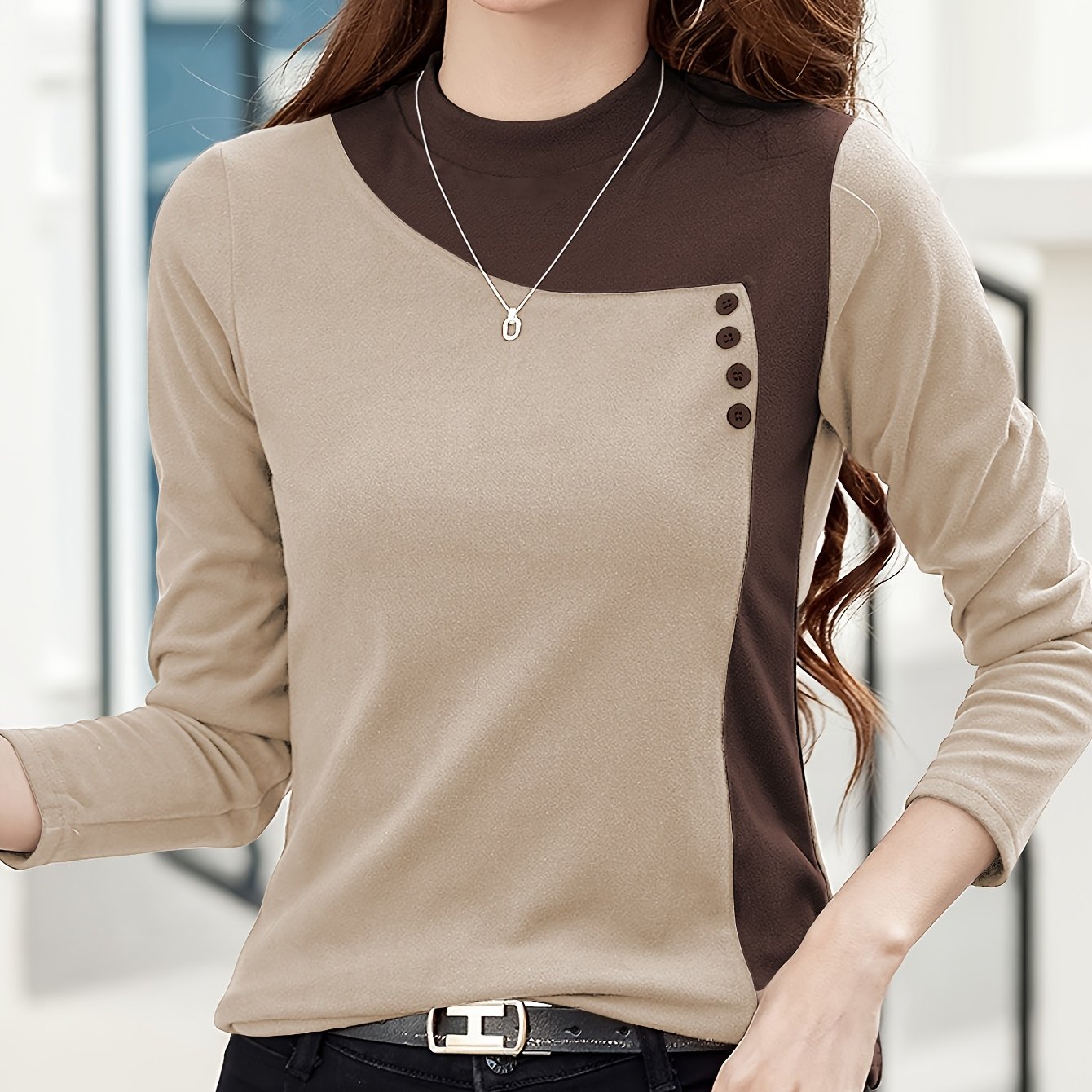Women's Chic Color Block Casual Top - High Stretch Polyester & Elastane Blend, Button Detail, Machine Washable - Elegant Stand Collar, Long Sleeve, Beige & Brown