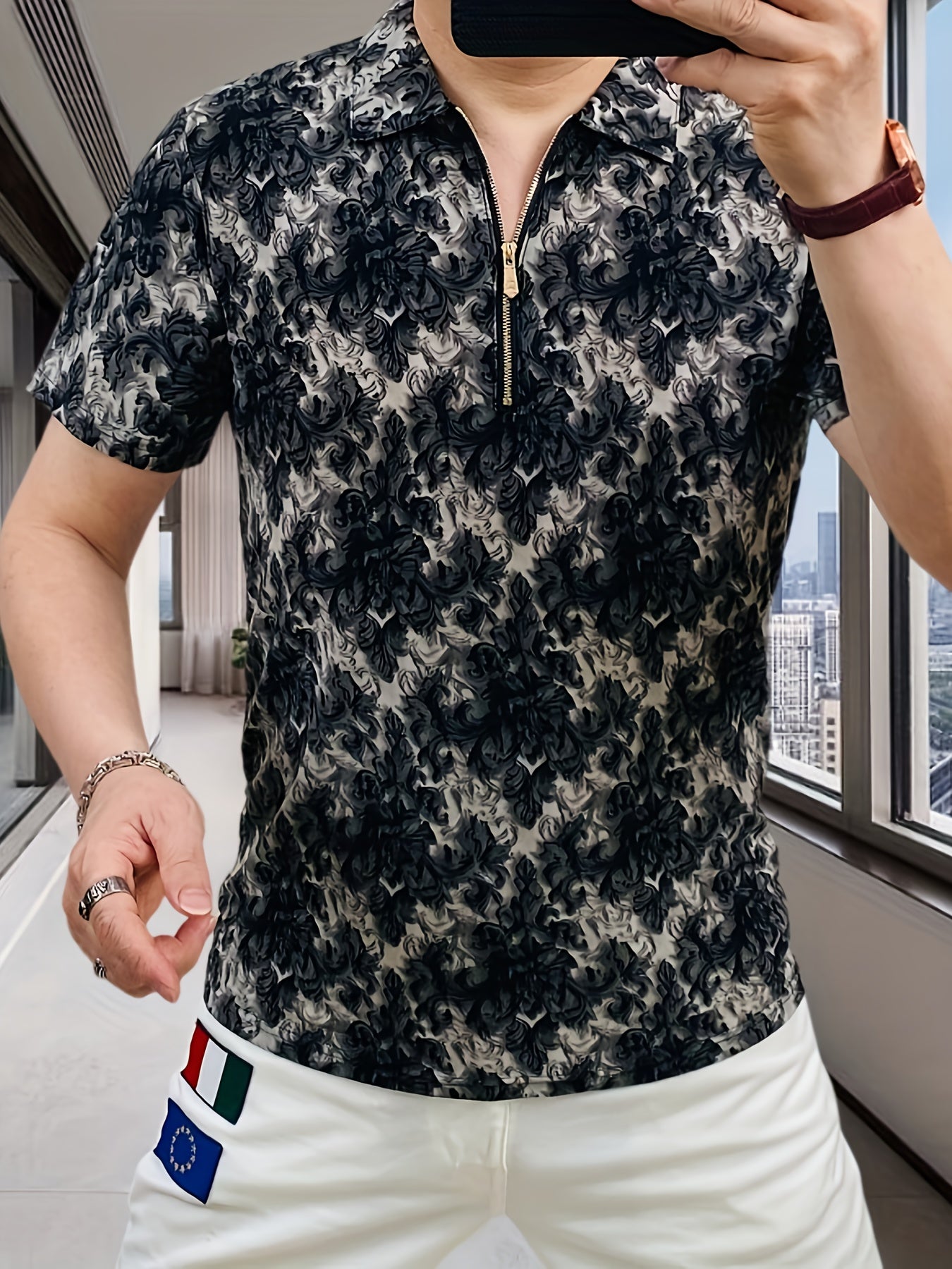 Men's Short Sleeve Shirt with Zipper Front - Black & White Floral Print Summer Casual T-Shirt, Breathable Stand Collar, Regular Fit for Casual Attire, Easy Care Fabric