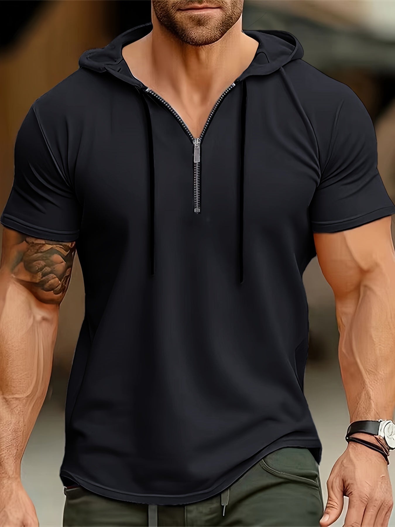 1pc Men's Light Blue Casual Hooded Short Sleeve T-Shirt with 1/4 Zipper, Breathable Stretch Fabric for Gym, Outdoor & Summer Wear, Gym Apparel, Stylish Contrast Detailing, Comfortable Fit