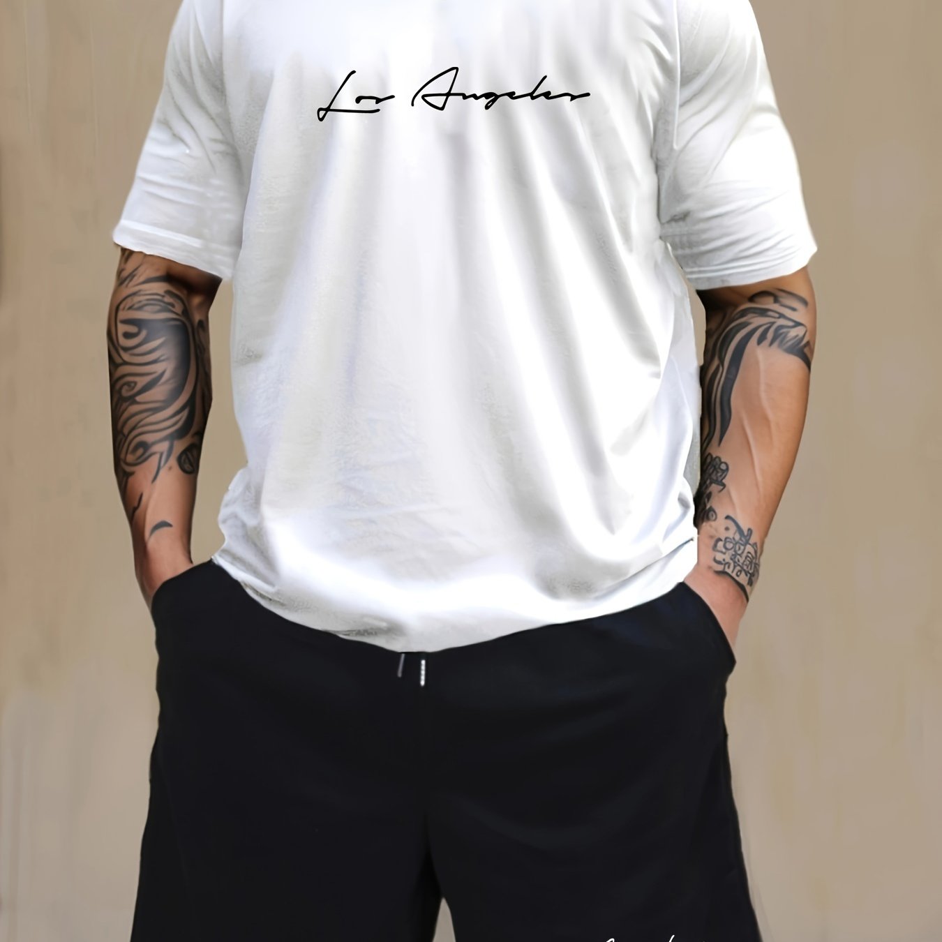 Men'S Casual 2pcs Set, Los Angeles Print, Short Sleeve Crew Neck T-Shirt & Knee-Length Shorts, Polyester & Spandex Blend, Comfortable Home Wear, All-Season Knit Fabric with Pockets, Regular Fit