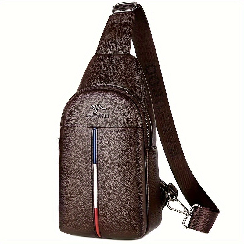 DARWNORO Men's Stylish PU Leather Sling Bag - Casual Shoulder & Crossbody Bag with Zipper Closure, Brown with White & Red Accents, Perfect for Daily Commute, Motorcycle Inspired Design, PU Leather Crossbody Bag