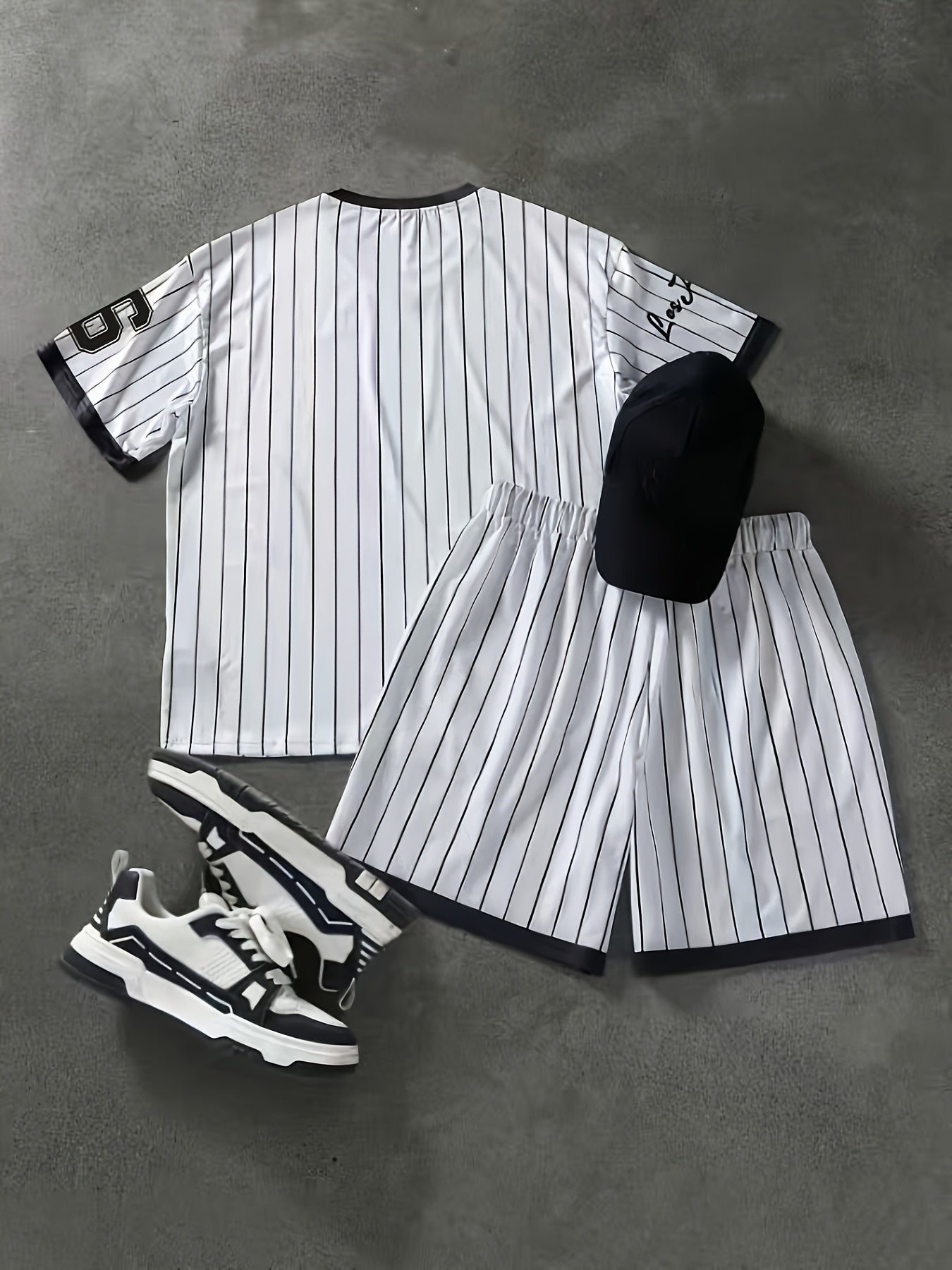 2pcs Set, Men'S Plus Size Los Angeles 66 Print T-Shirt + Shorts - Casual Sportswear, Breathable Stretch Knit Fabric, Crew Neck, Machine Washable, Black and White Diagonal Stripe, Party Clothing | Casual Style | Comfort Fit, L