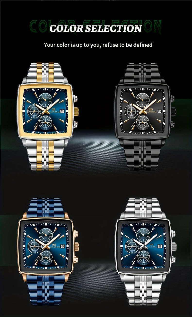 VA VA VOOM Brand New Arrival 1pc Fashionable Golden & Blue & Silveryy & Black Stainless Steel Strap, Oversized Square Dial, Multifunctional Six Needle Three Eyes, with Calendar Window, Luminous Function, High-Quality Fashiona