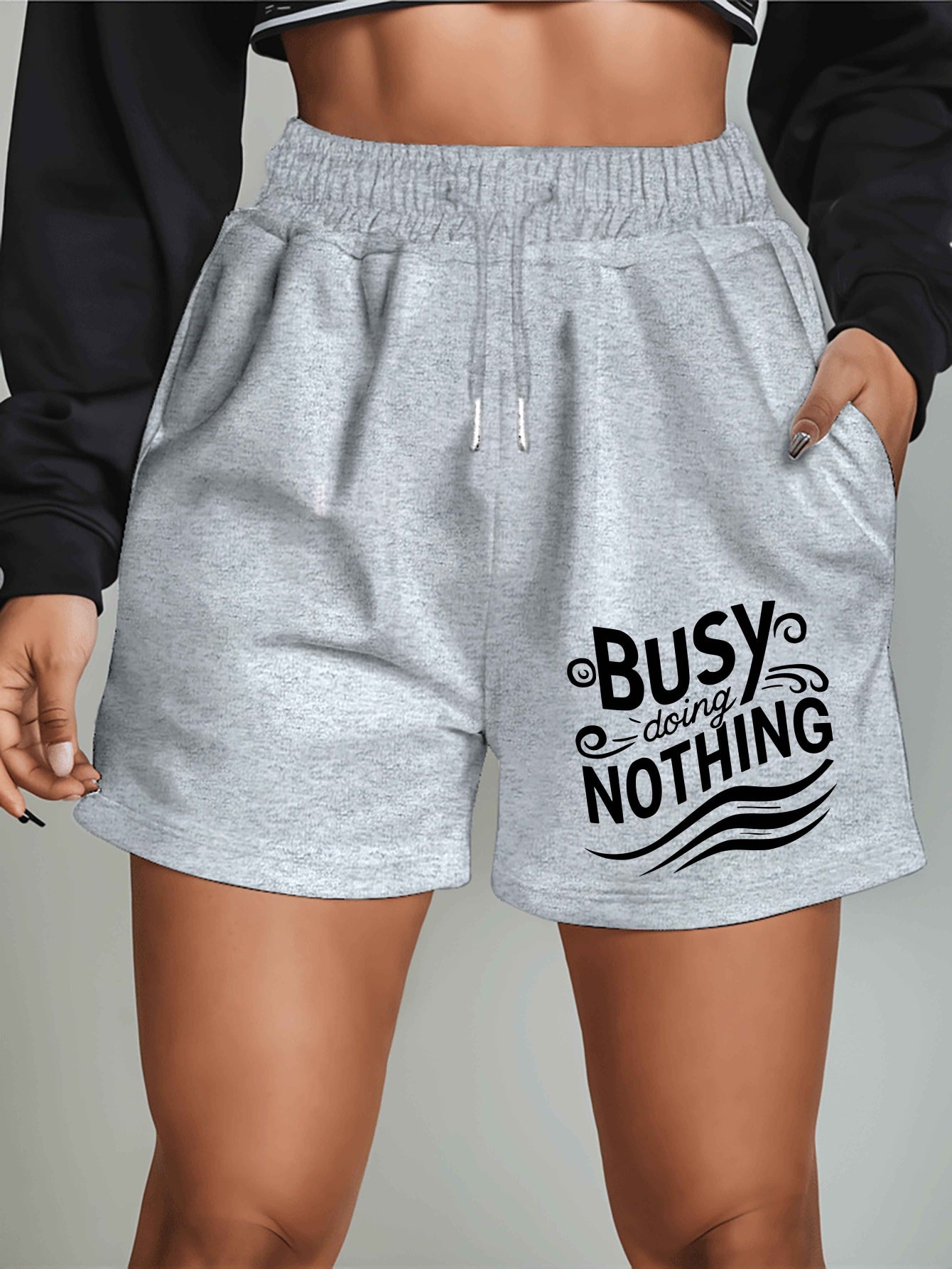 Busy doing nothing 2025 New Plus Size Women'S Shorts Summer Casual Versatile Medium Pants Sports American Trendy Outerwear Extra Large Five-Fifth Pants Summer Beach Pants - Polyester, Casual, Summer, Track Shorts, Slight Stre