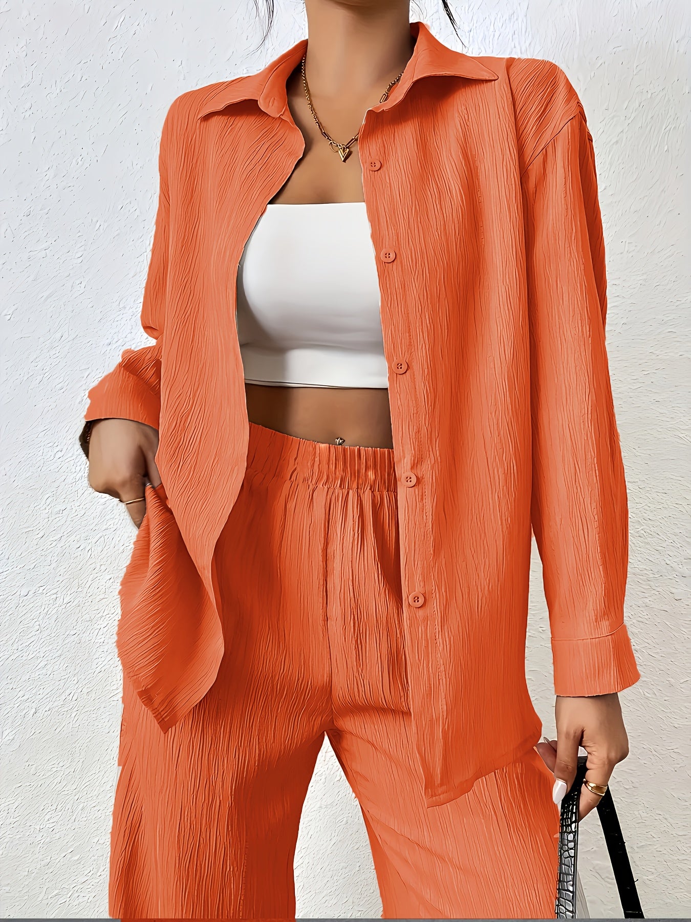 Women'S Casual Solid Color Long Sleeve Shirt + Long Pants 2pcs Set for Spring And Autumn.