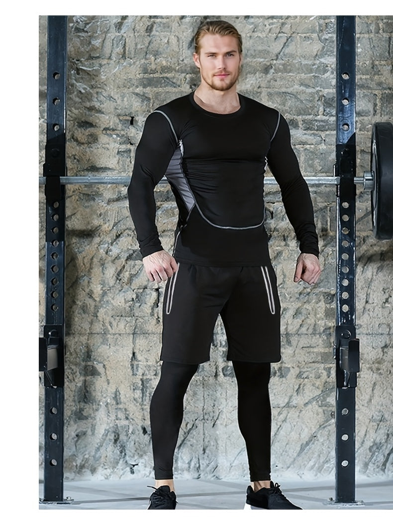Men'S 3pcs Athletic Set, Breathable Mesh Long Sleeve Top, Skinny Fit Polyester & Spandex, Crew Neck, Solid Color, High Stretch, for Running, Basketball, Hiking, Training - Fall/Winter Sports Outfit