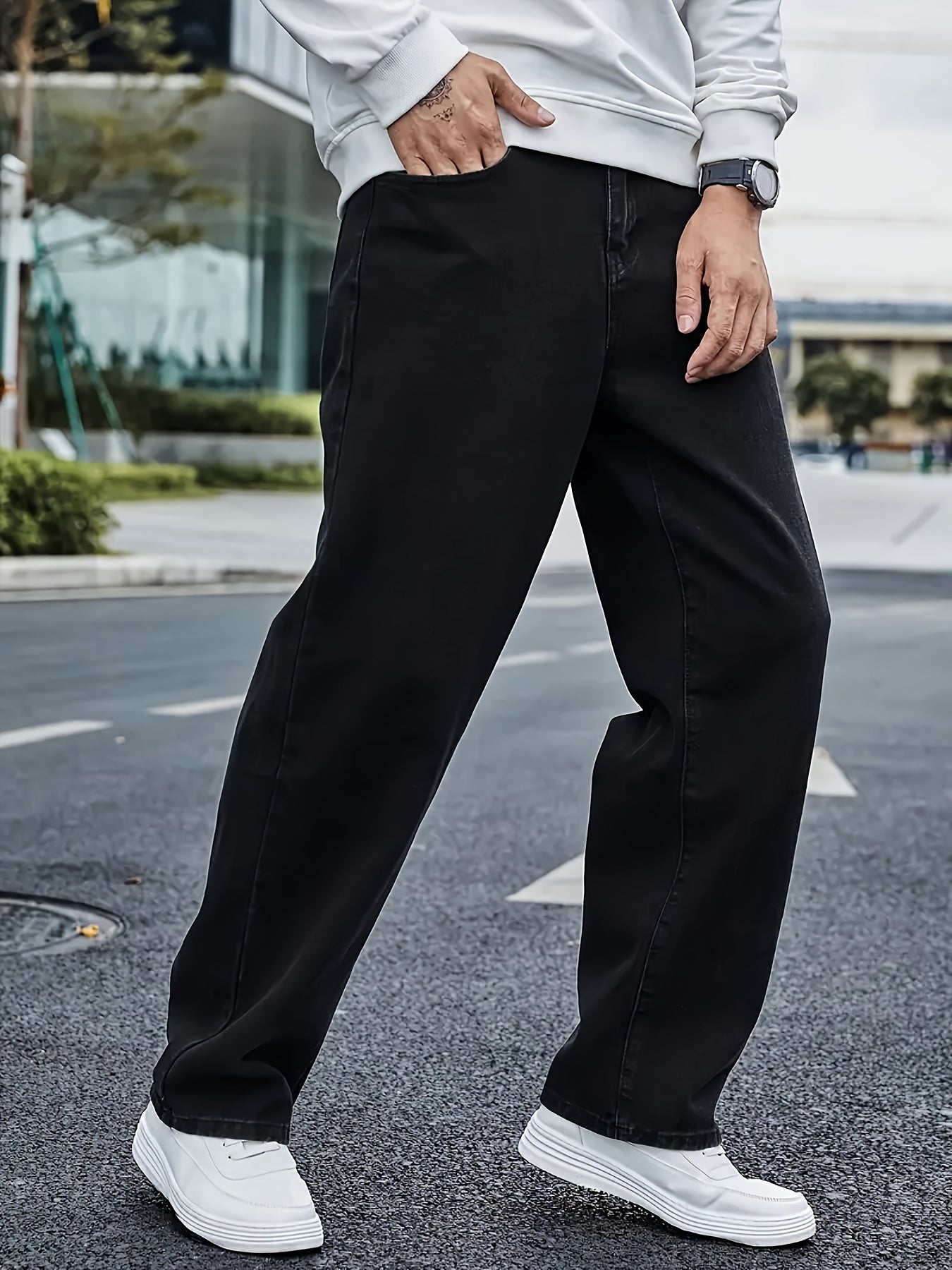 Men's Loose Fit Light Blue Denim Jeans - Straight Leg, Slant Pockets, Non-Stretch Cotton Blend, Casual Street Style for All Seasons