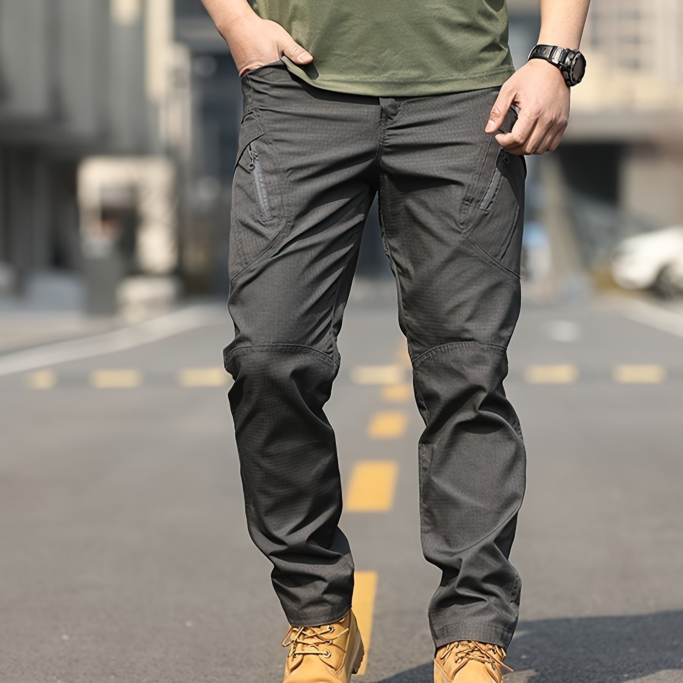Men's Olive Green Tactical Cargo Pants - Durable Polyester, Multi-Pocket Design for Hiking & Outdoor Adventures, Machine Washable, Camping Gear