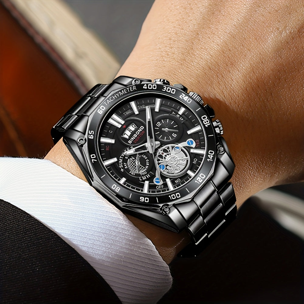 BINBOND Men's Luxury Quartz Watch - Sleek Black, Waterproof with Calendar & Luminous Hands, Stainless Steel Band, Date Display, Chronograph & World Time Features for Business Casual
