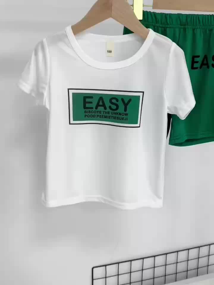 Boys' 3pcs Set White Crew Neck T-Shirt with EASY Lettering & Green Elastic Waist Shorts & Green Crossbody Bag Casual Comfortable Outdoor Outfit, Gift Idea, Perfect for Outdoor