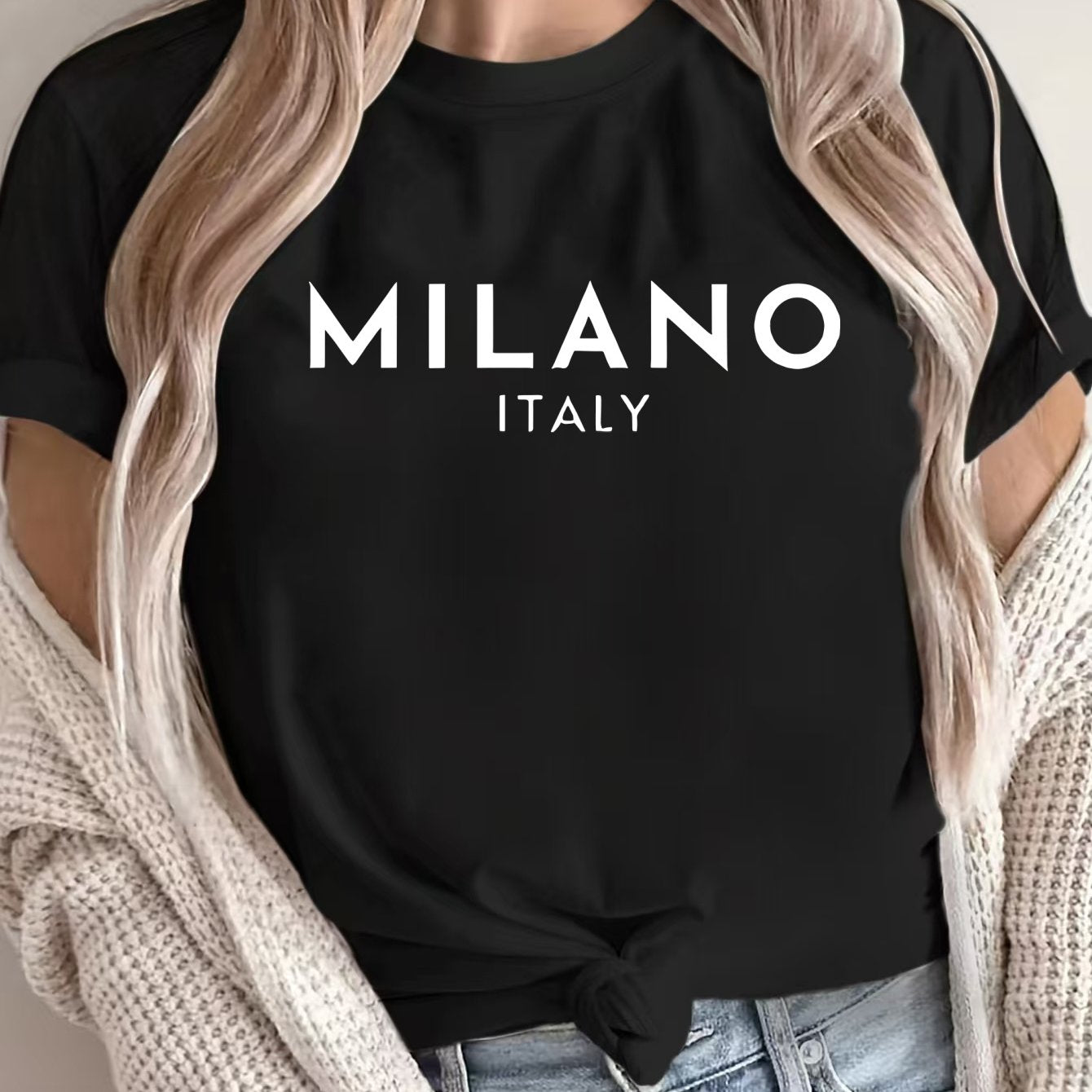 Women'S Casual Polyester T-Shirt with "Milano Italy" Letter Print, Short Sleeve Crew Neck Top, All-Season Knit Fabric Tee, Regular Length - 180gsm