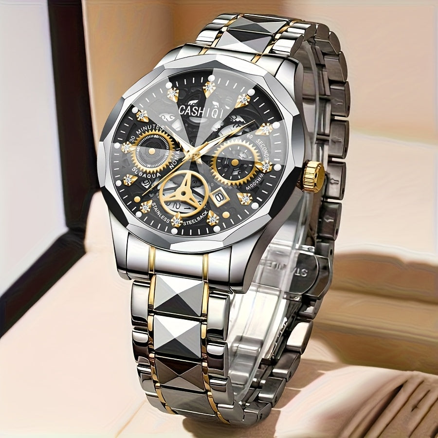 CASHIQI Brand Men'S Steel Strap Quartz Watch with Rhombus Dial, Sparkling Decoration, Calendar, And Luminous Display, IPX7 Waterproof Hollow Quartz Watch for Business, Travel, And Casual Wear - A Perfect Gift Choice.